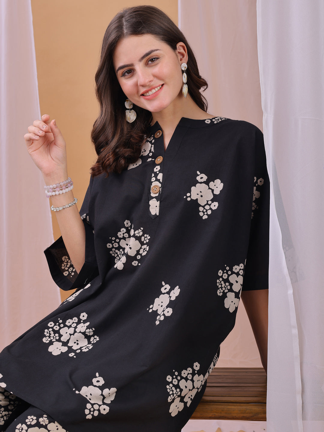Cozy Black Floral Printed Pure Cambric Cotton Co-ords set