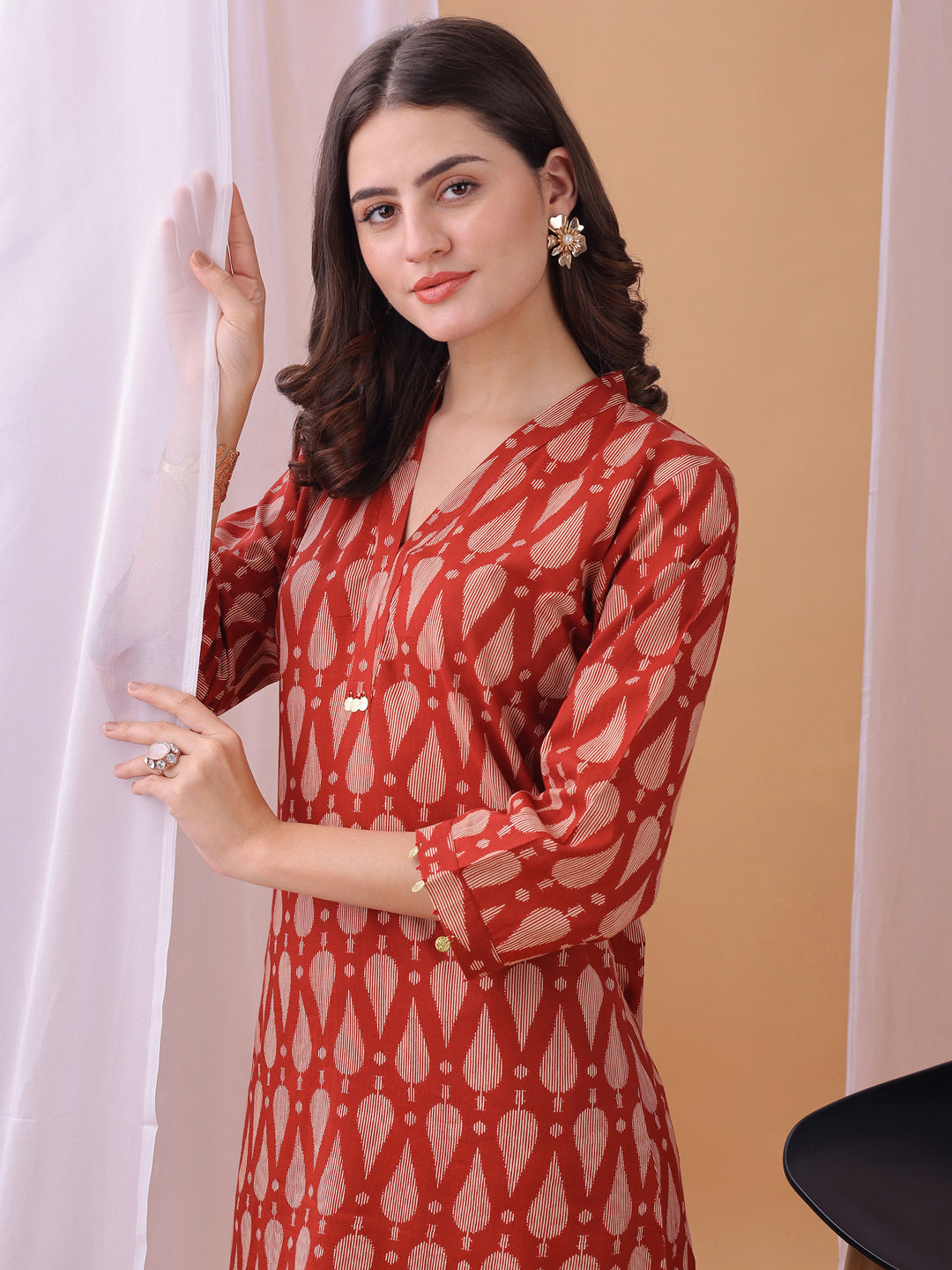 Red Pure Cambric Cotton Printed Abstract Straight Kurta Kurta with Pant