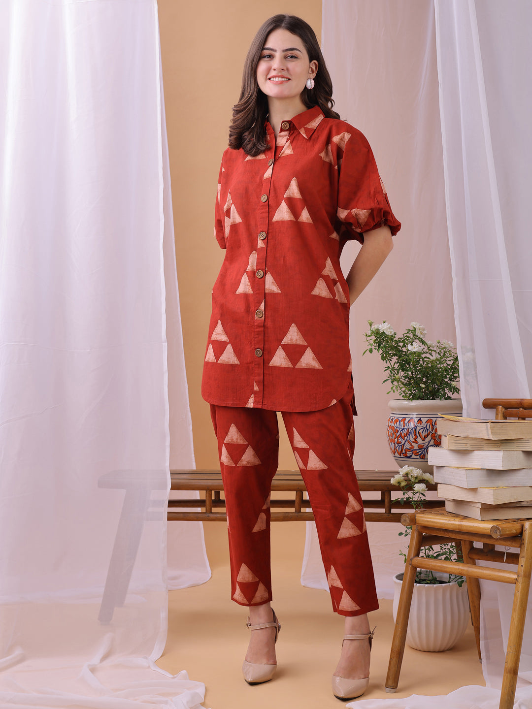 Red Gemoetric Printed Pure Cambric Cotton Co-ords set