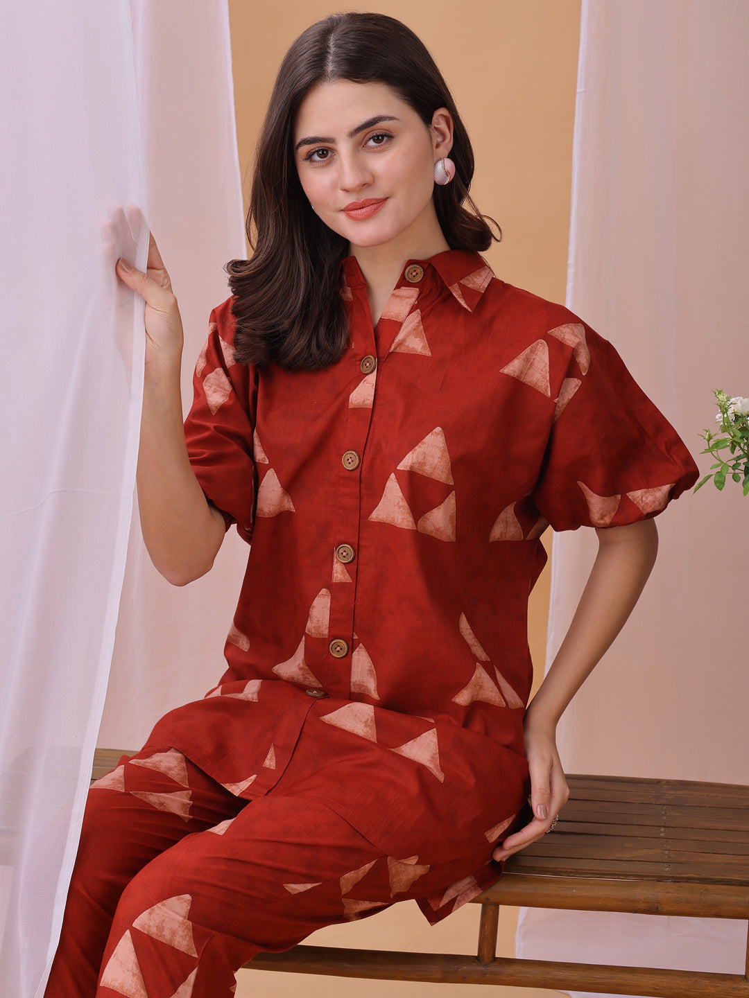 Red Gemoetric Printed Pure Cambric Cotton Co-ords set