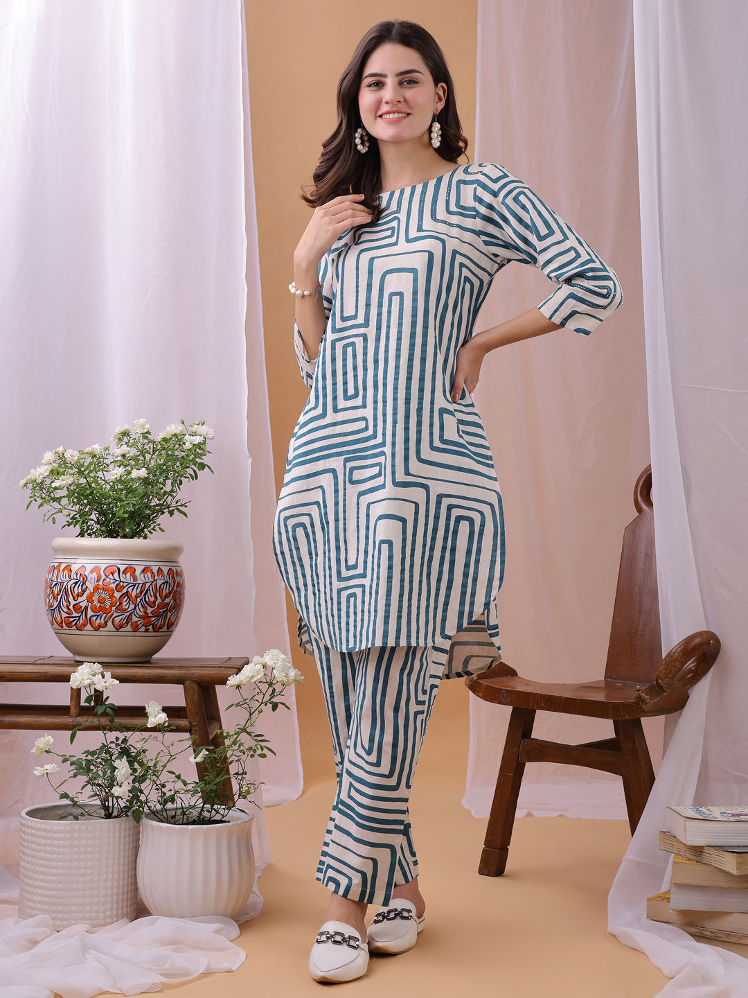 Turquoise Floral Printed Pure Flex Cotton Co-ords set
