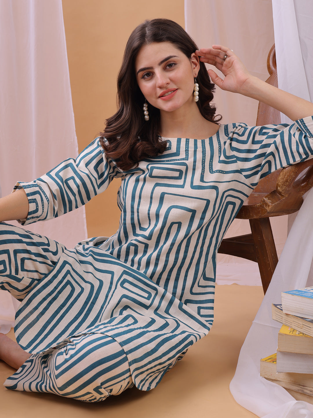 Turquoise Floral Printed Pure Flex Cotton Co-ords set