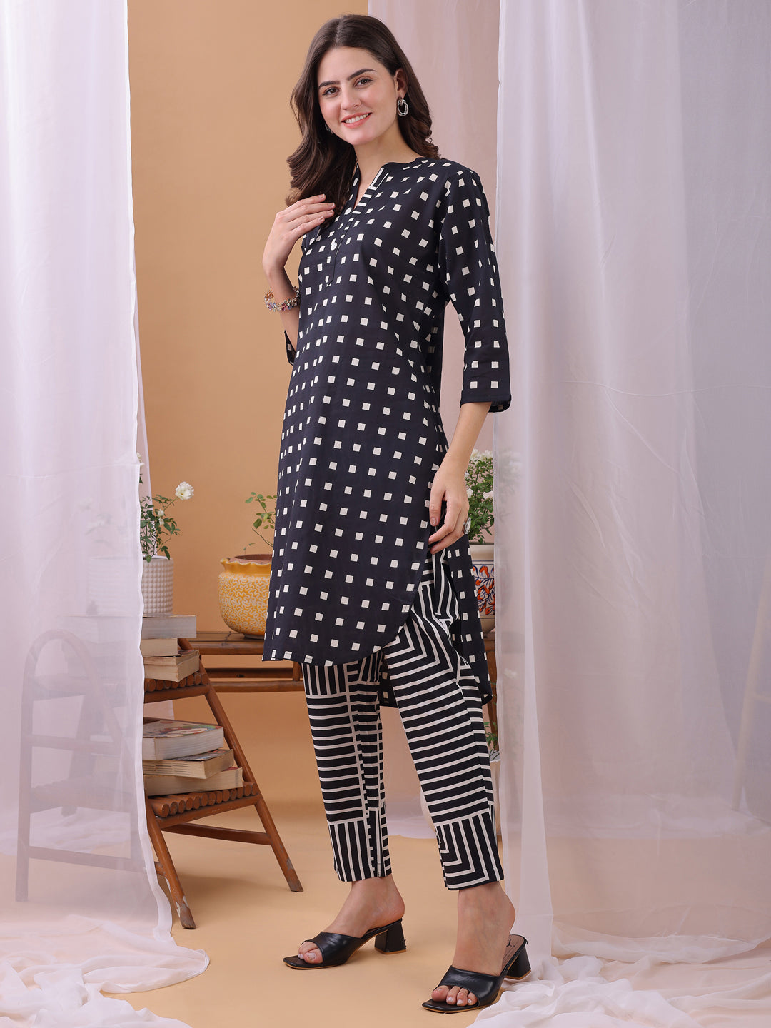 Black Pure Cambric Cotton Printed Gemoetric Co-ords set