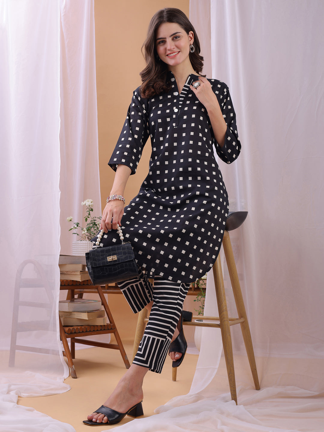 Black Pure Cambric Cotton Printed Gemoetric Co-ords set