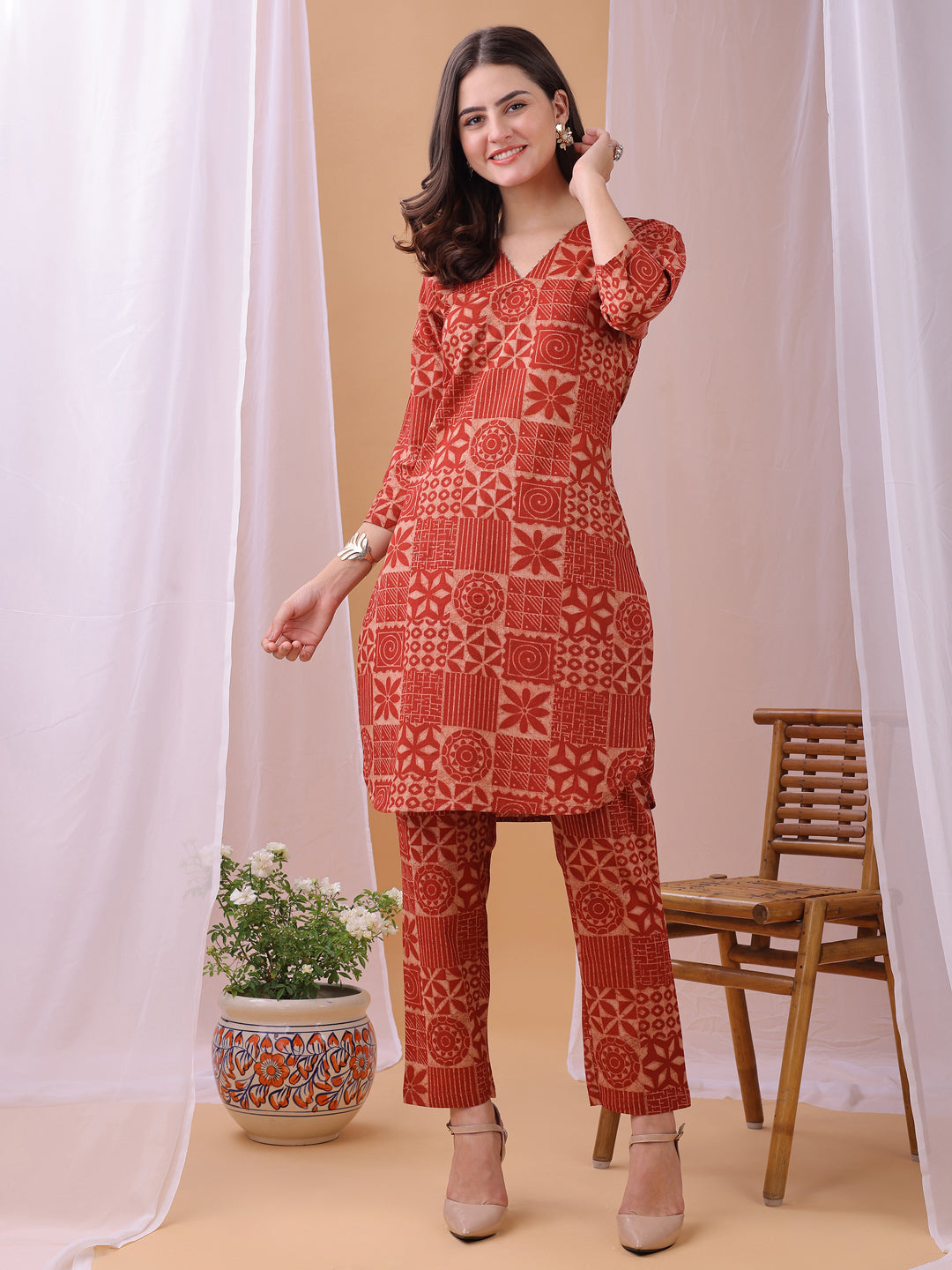 Cozy Red Pure Cambric Cotton Printed Block Print Co-ords set