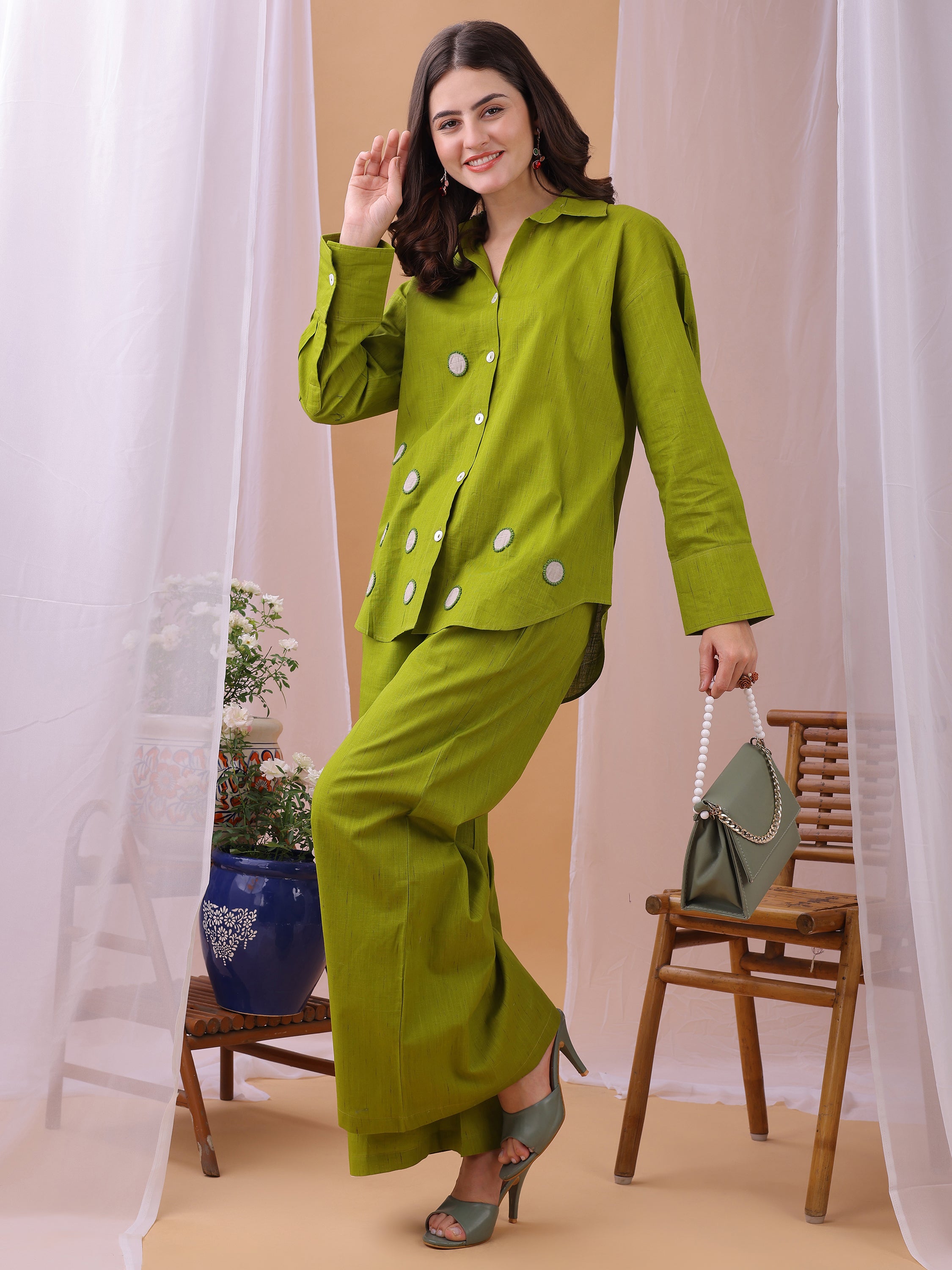 Parrot Green Pure Flex Cotton Handwork Polkha dots Co-ords set
