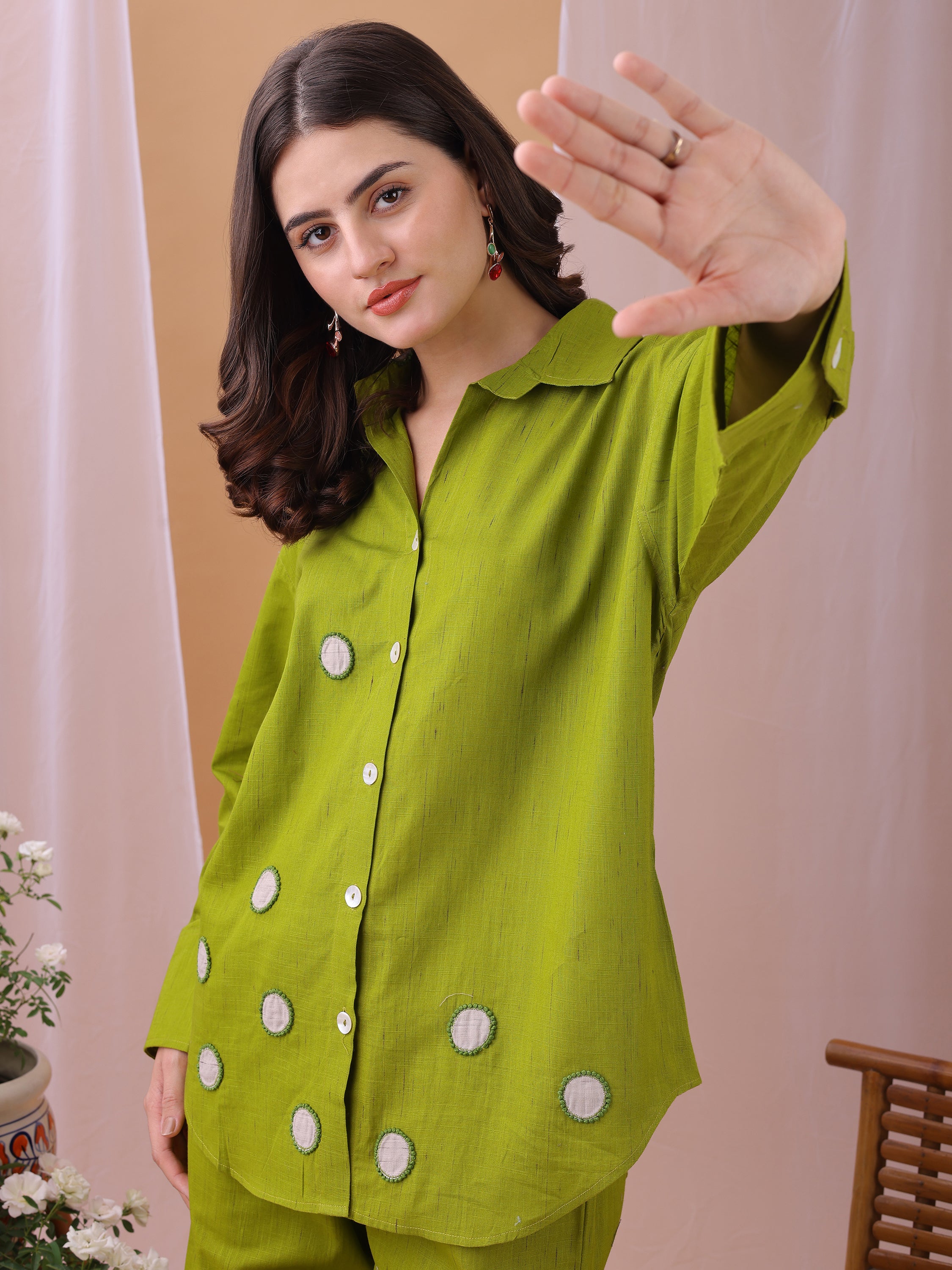 Parrot Green Pure Flex Cotton Handwork Polkha dots Co-ords set