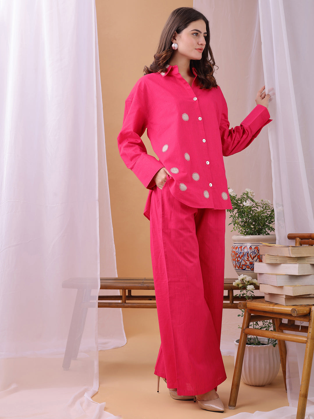 Pink Pure Flex Cotton Handwork Polkha dots Co-ords set