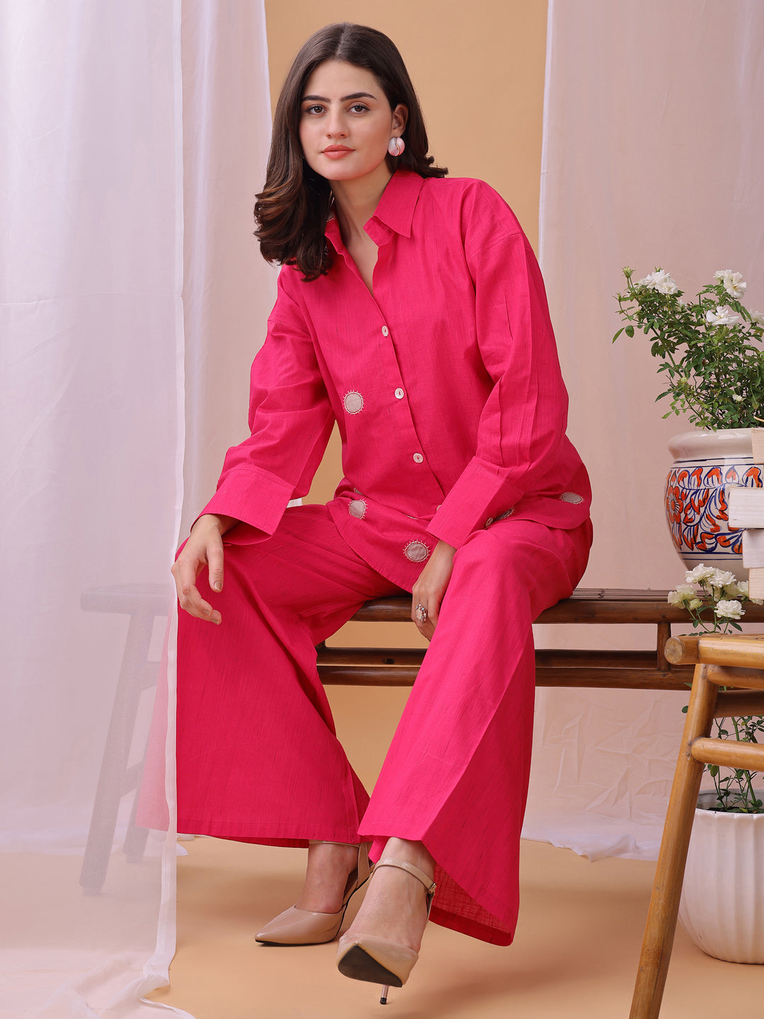 Pink Pure Flex Cotton Handwork Polkha dots Co-ords set