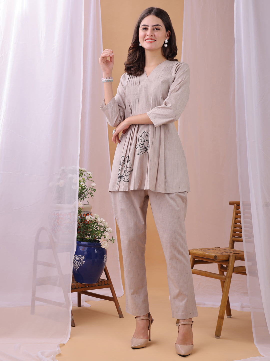 Brown Pure Flex Cotton Handwork Floral Co-ords set