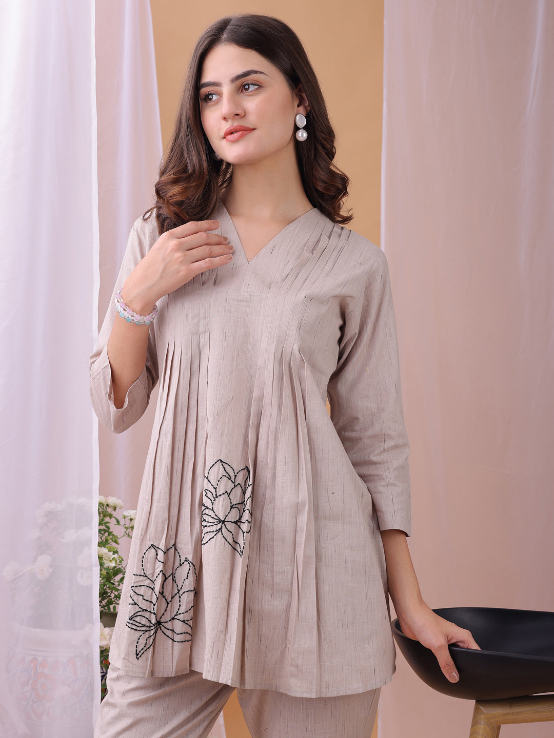 Brown Pure Flex Cotton Handwork Floral Co-ords set