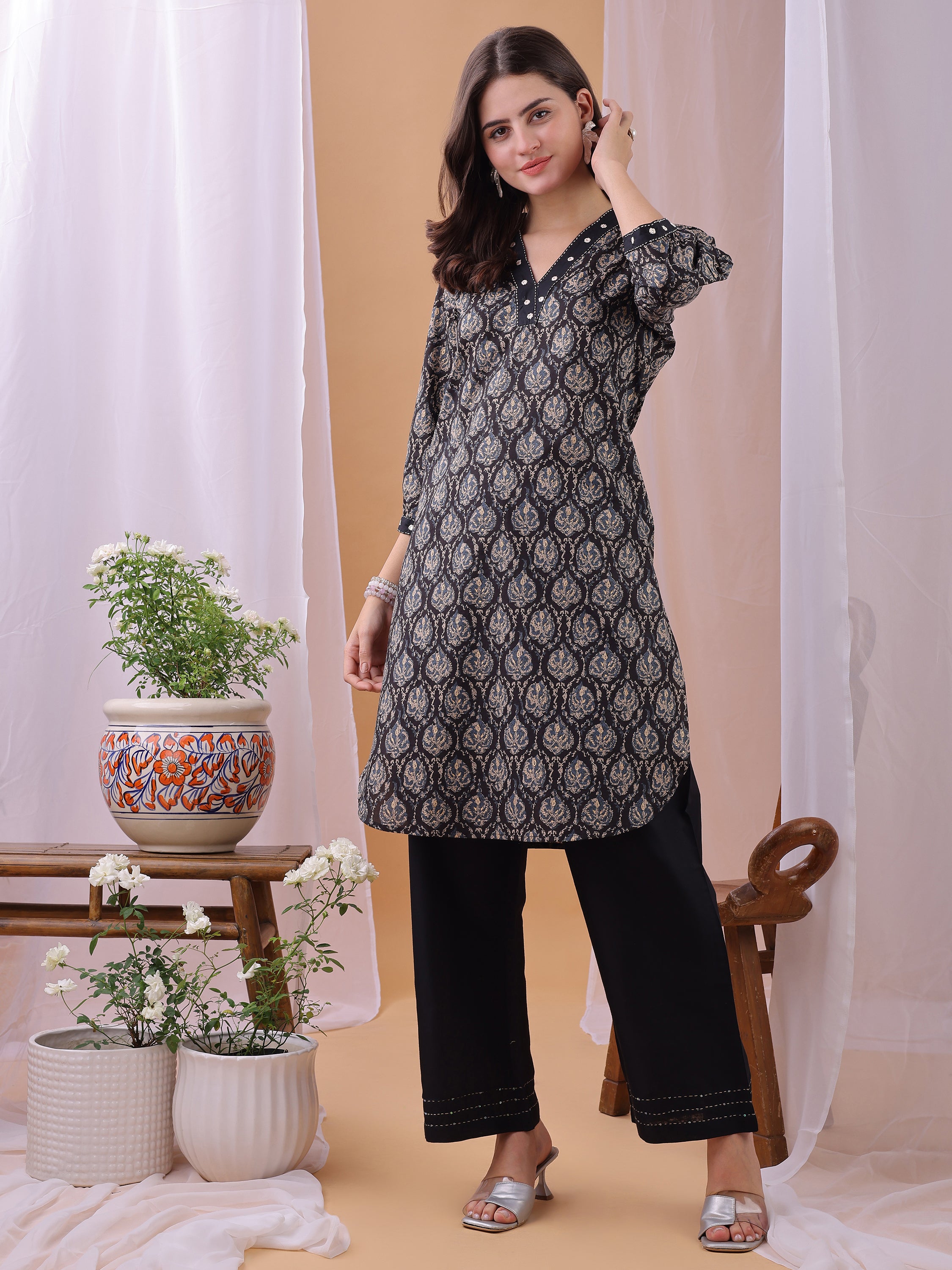 Black Pure Cambric Cotton Printed Ajrakh Print Co-ords set