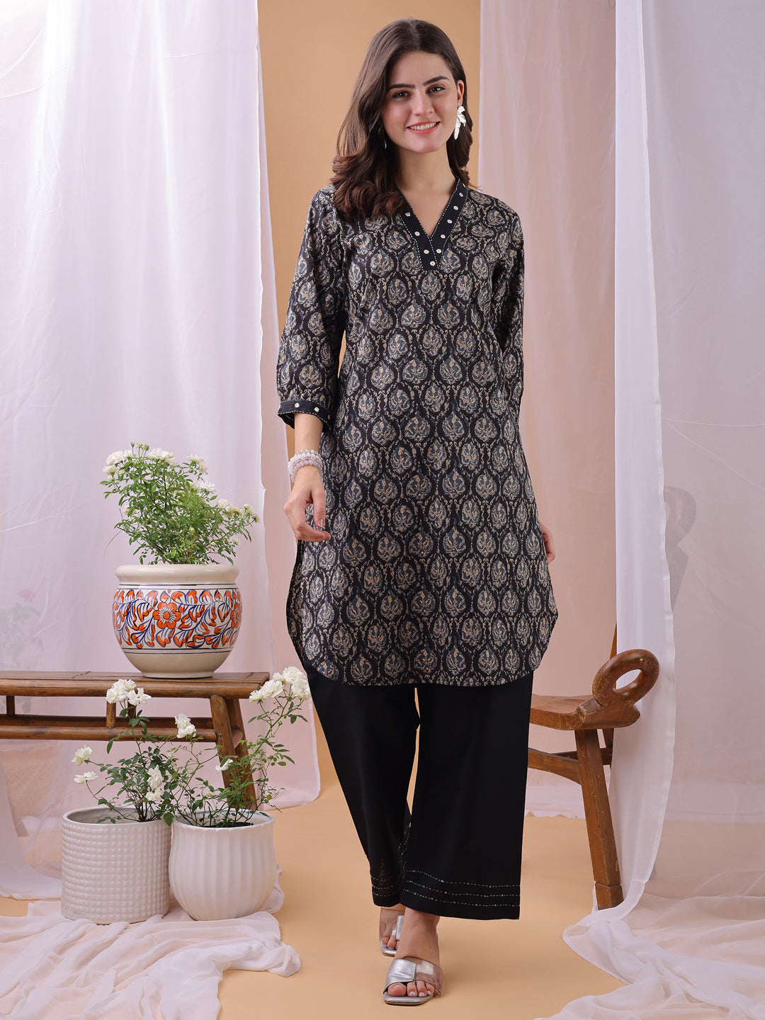 Black Pure Cambric Cotton Printed Ajrakh Print Co-ords set