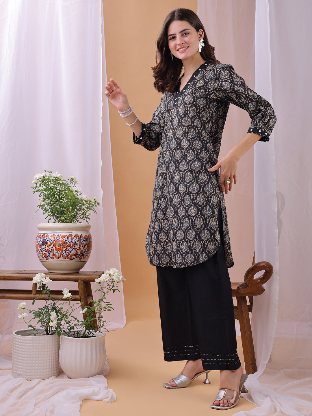 Black Pure Cambric Cotton Printed Ajrakh Print Co-ords set