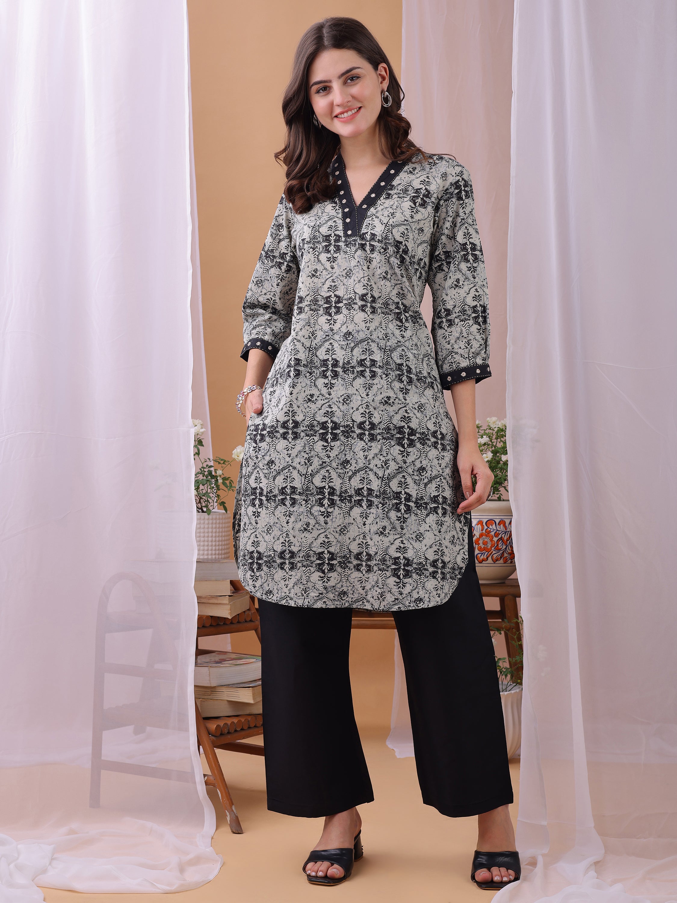 Grey Pure Cambric Cotton Printed Ajrakh Print Co-ords set