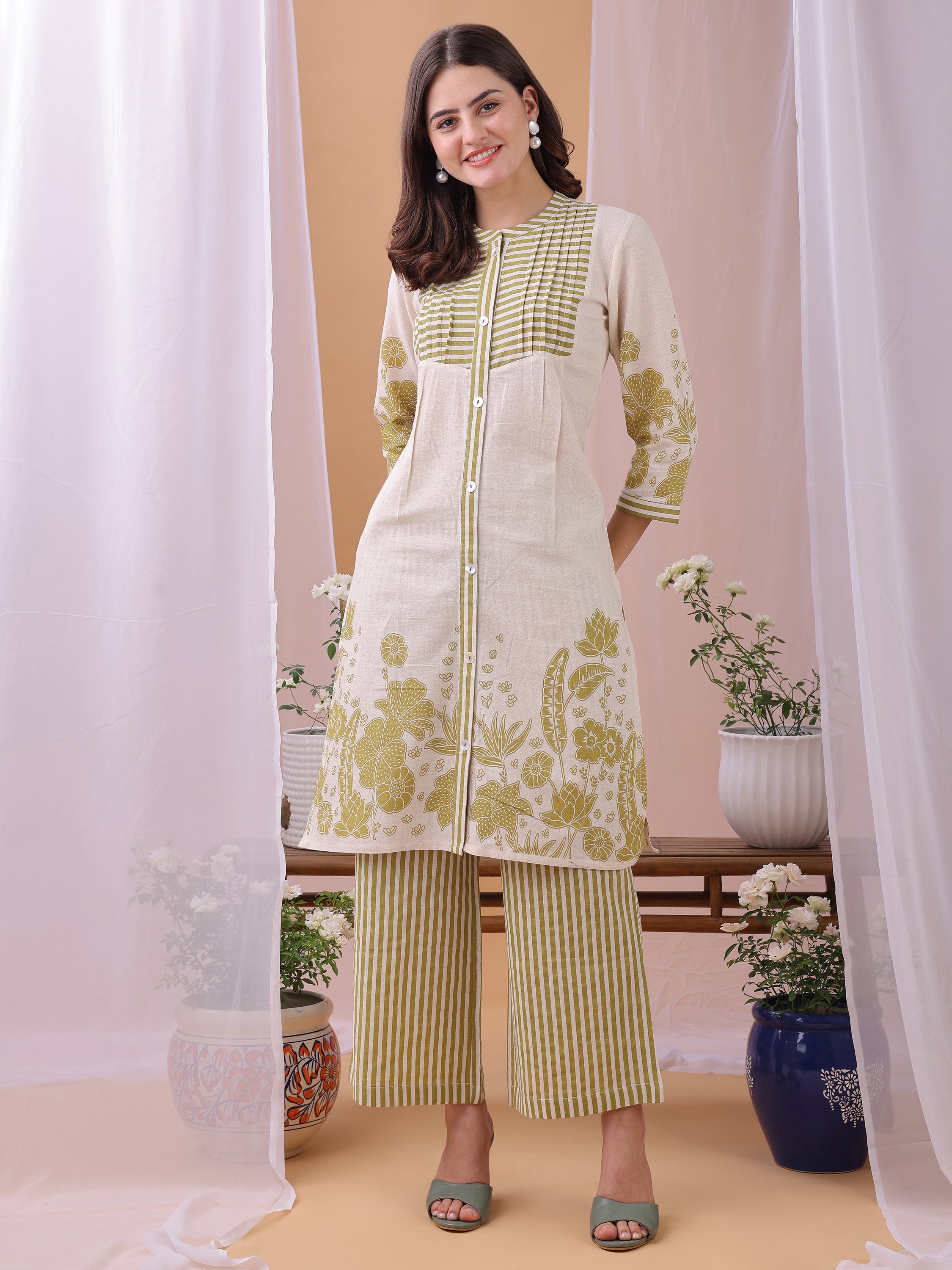 Parrot Green Pure Flex Cotton Printed Floral Co-ords set