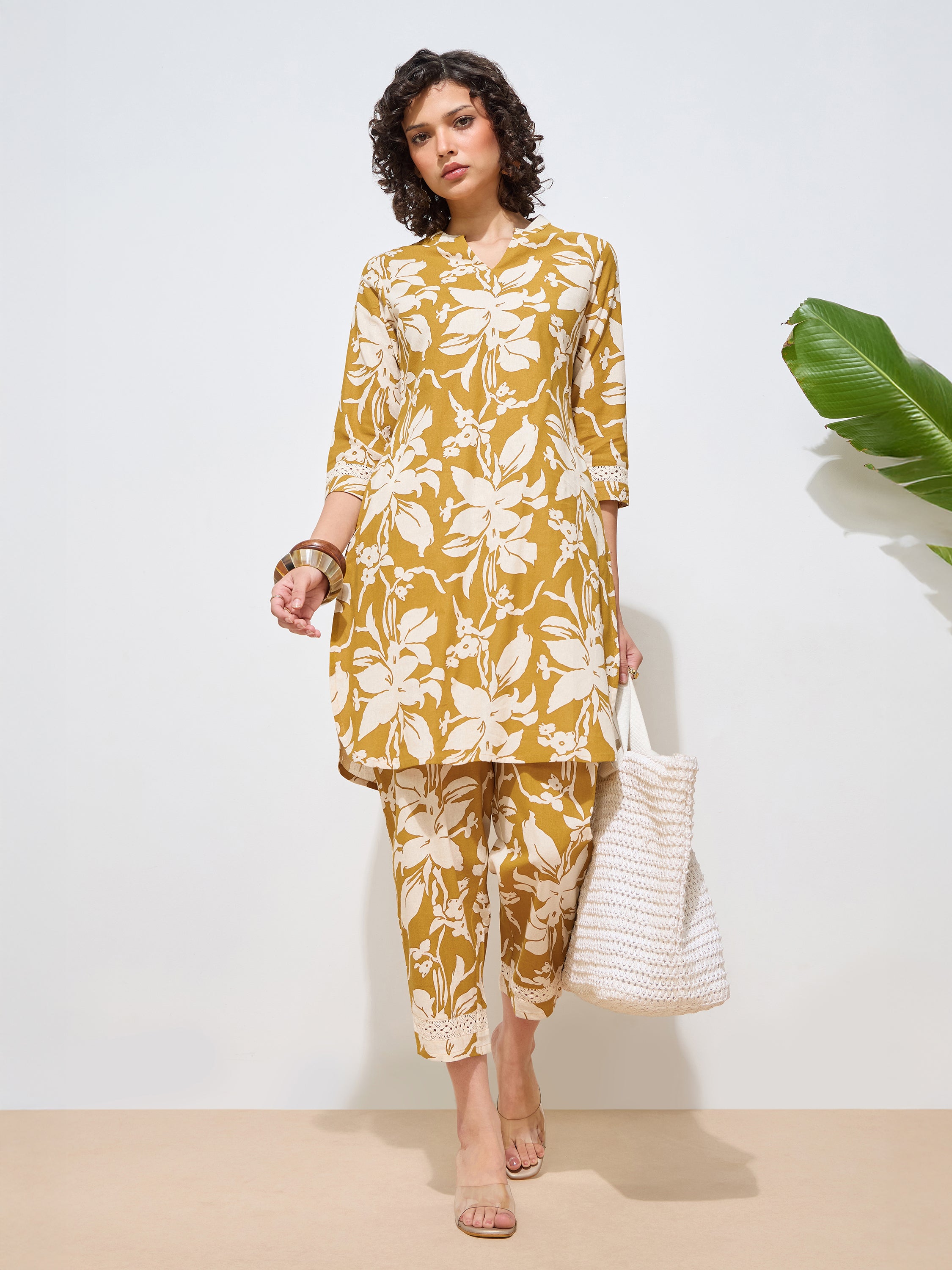 Women's Mustard Floral Printed Pure Flex Cotton Co-ord Set