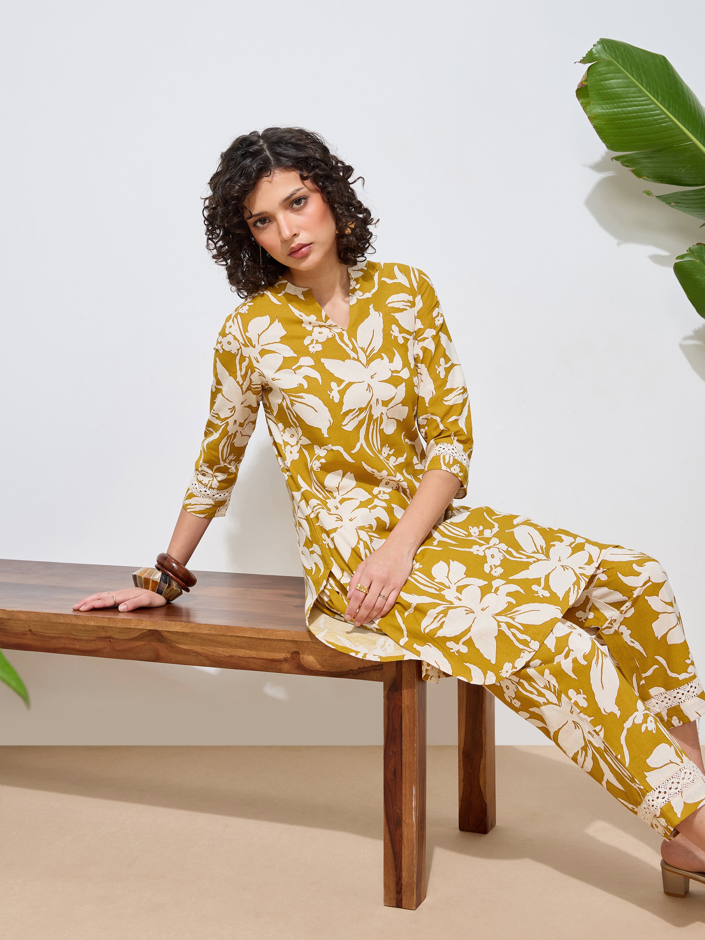 Women's Mustard Floral Printed Pure Flex Cotton Co-ord Set