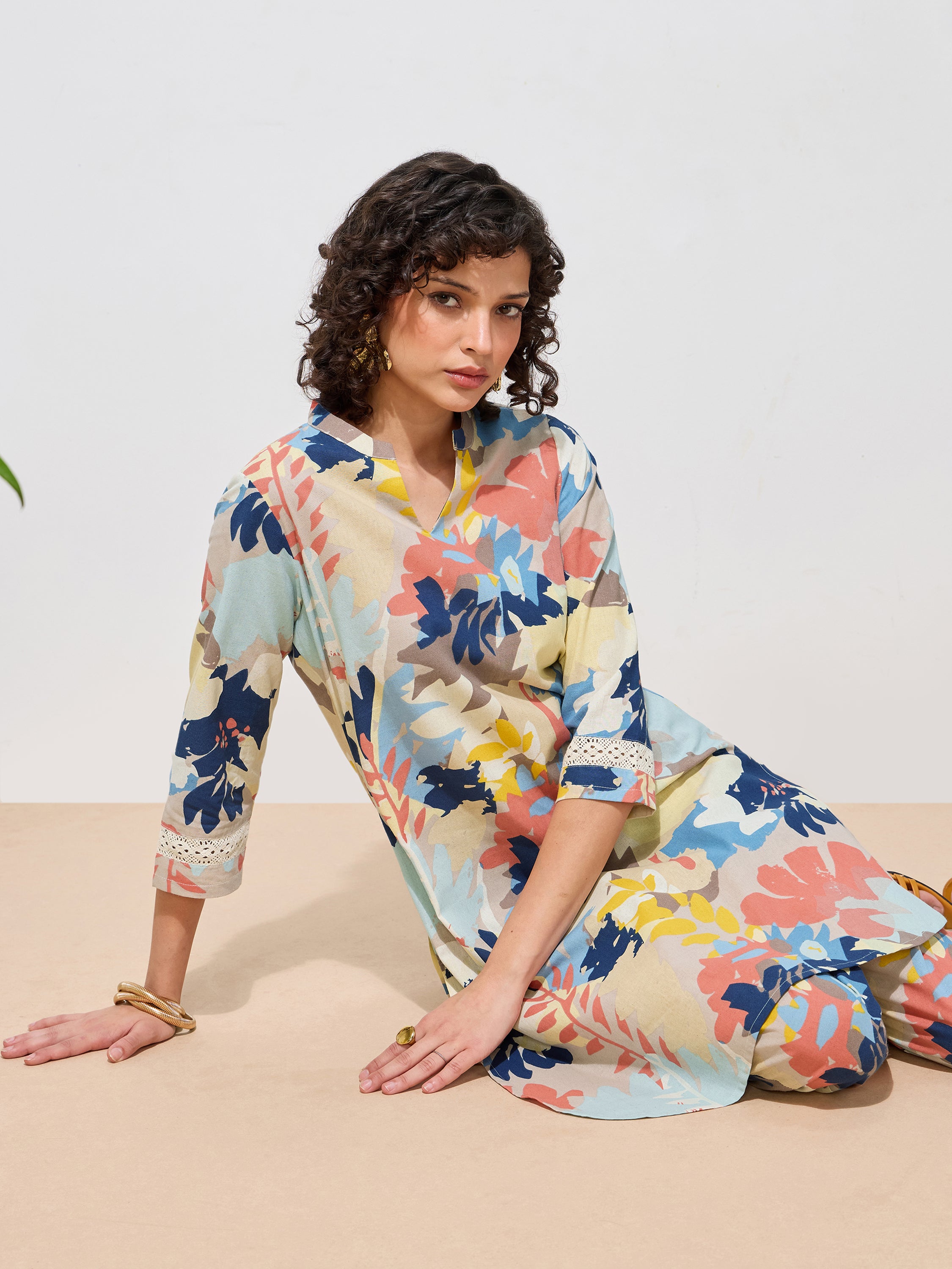 Women's Orange Floral Printed Pure Flex Cotton Co-ord Set