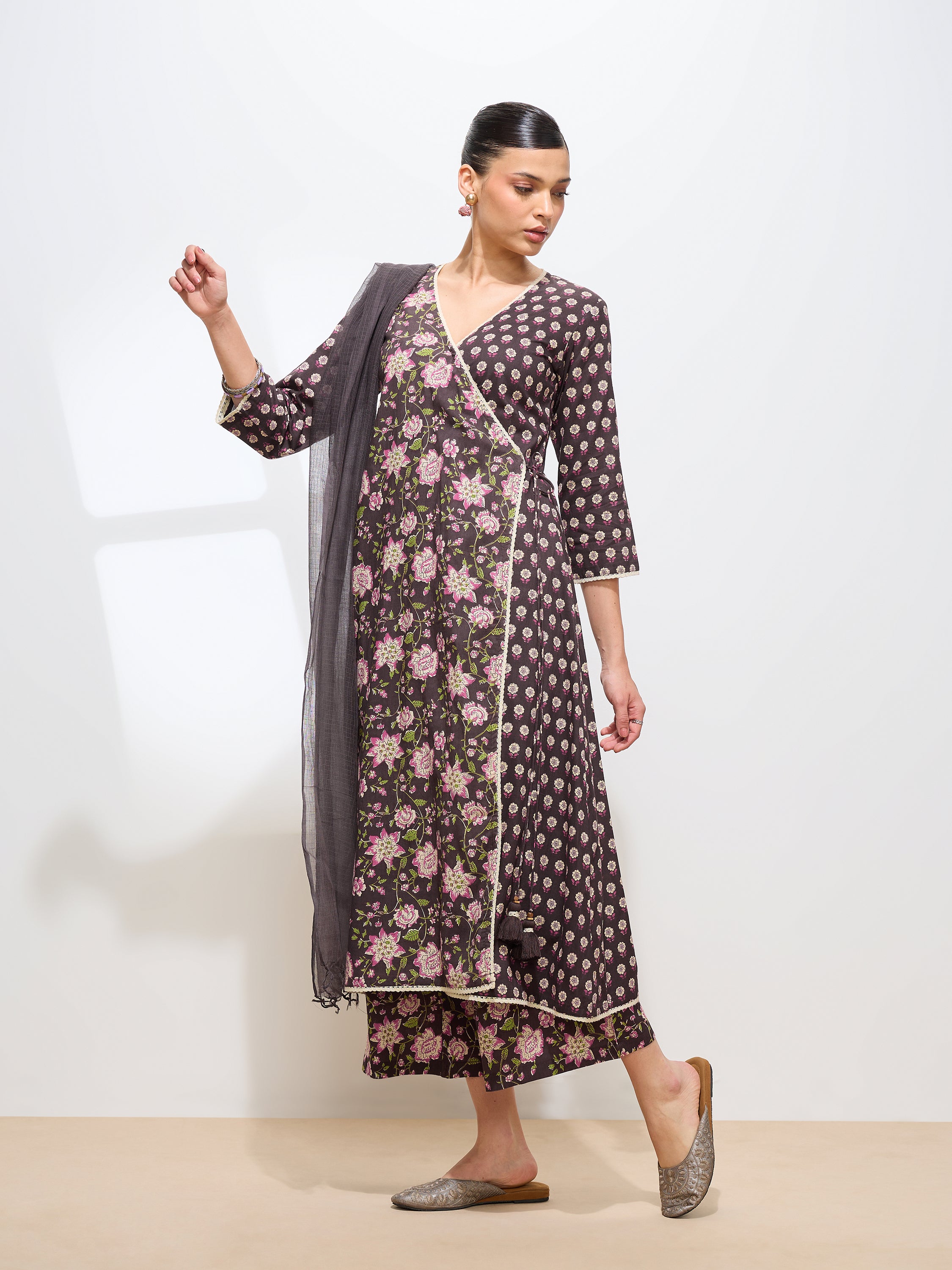 Graceful Brown Floral Printed Cotton Kurta set