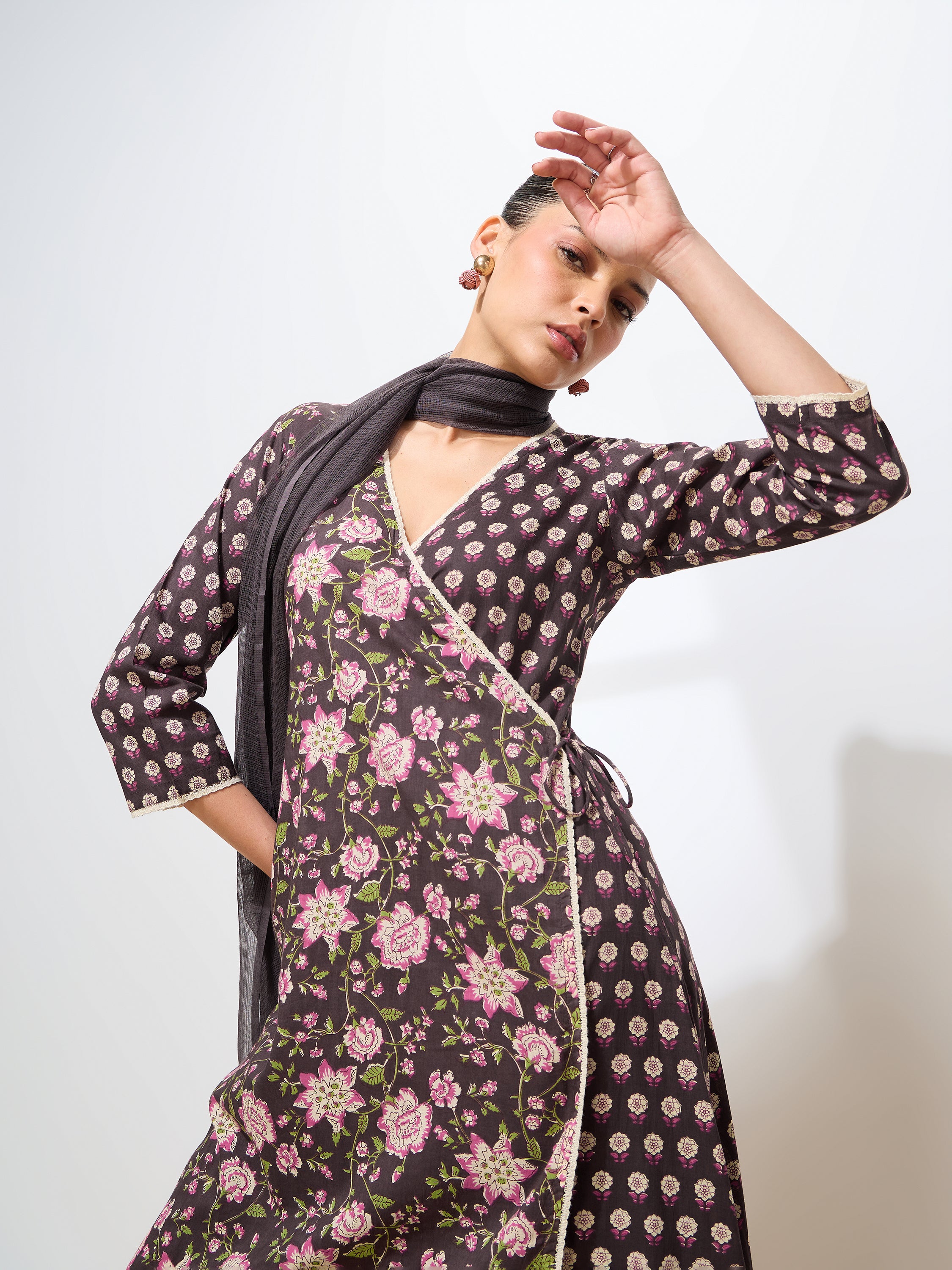 Graceful Brown Floral Printed Cotton Kurta set