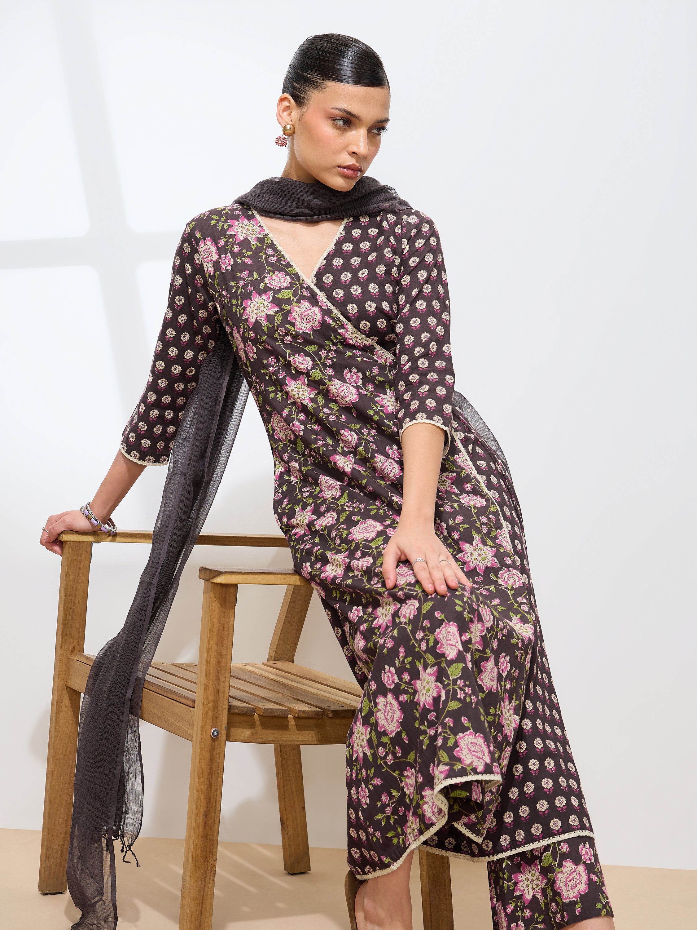 Graceful Brown Floral Printed Cotton Kurta set