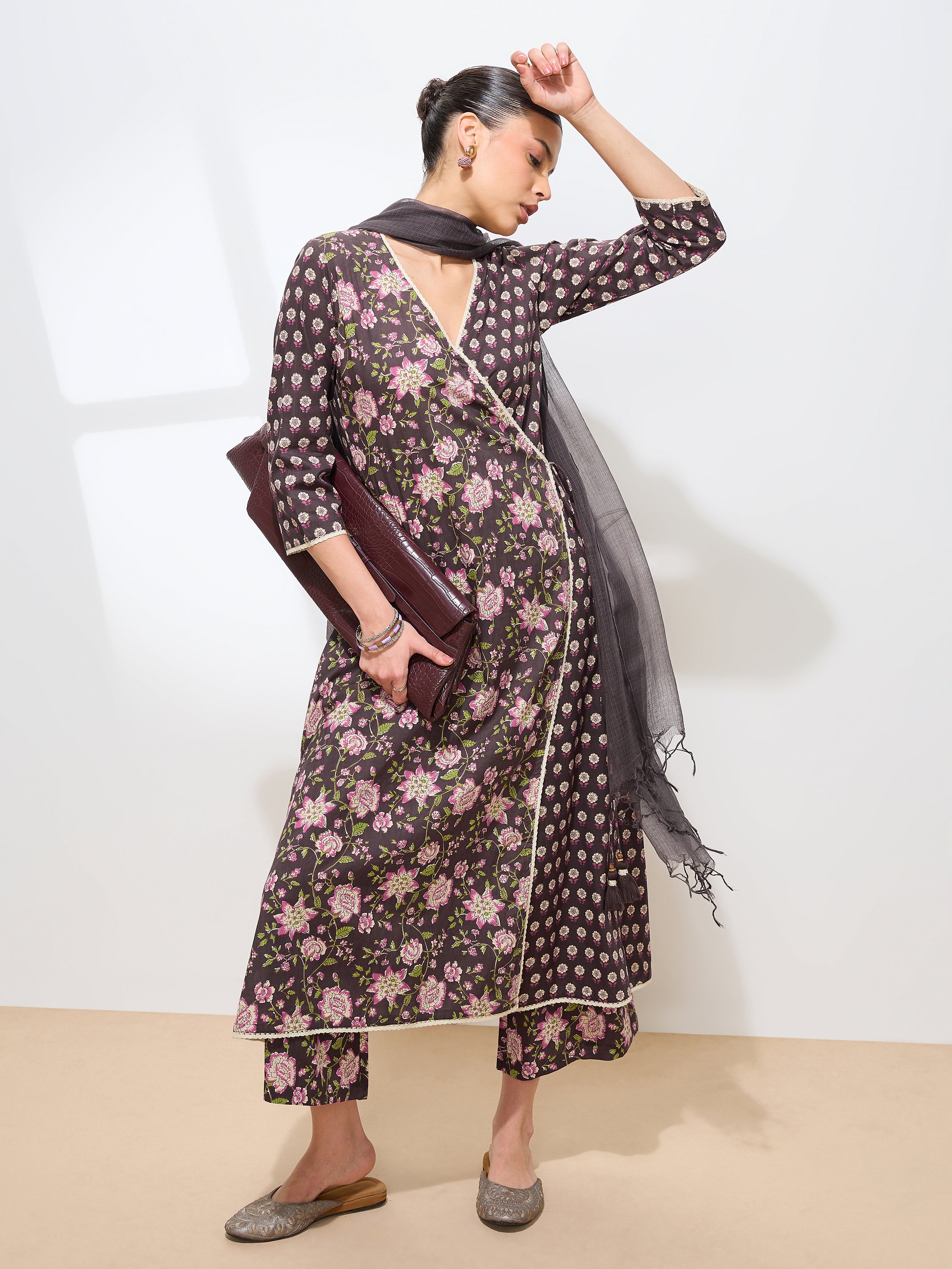 Graceful Brown Floral Printed Cotton Kurta set