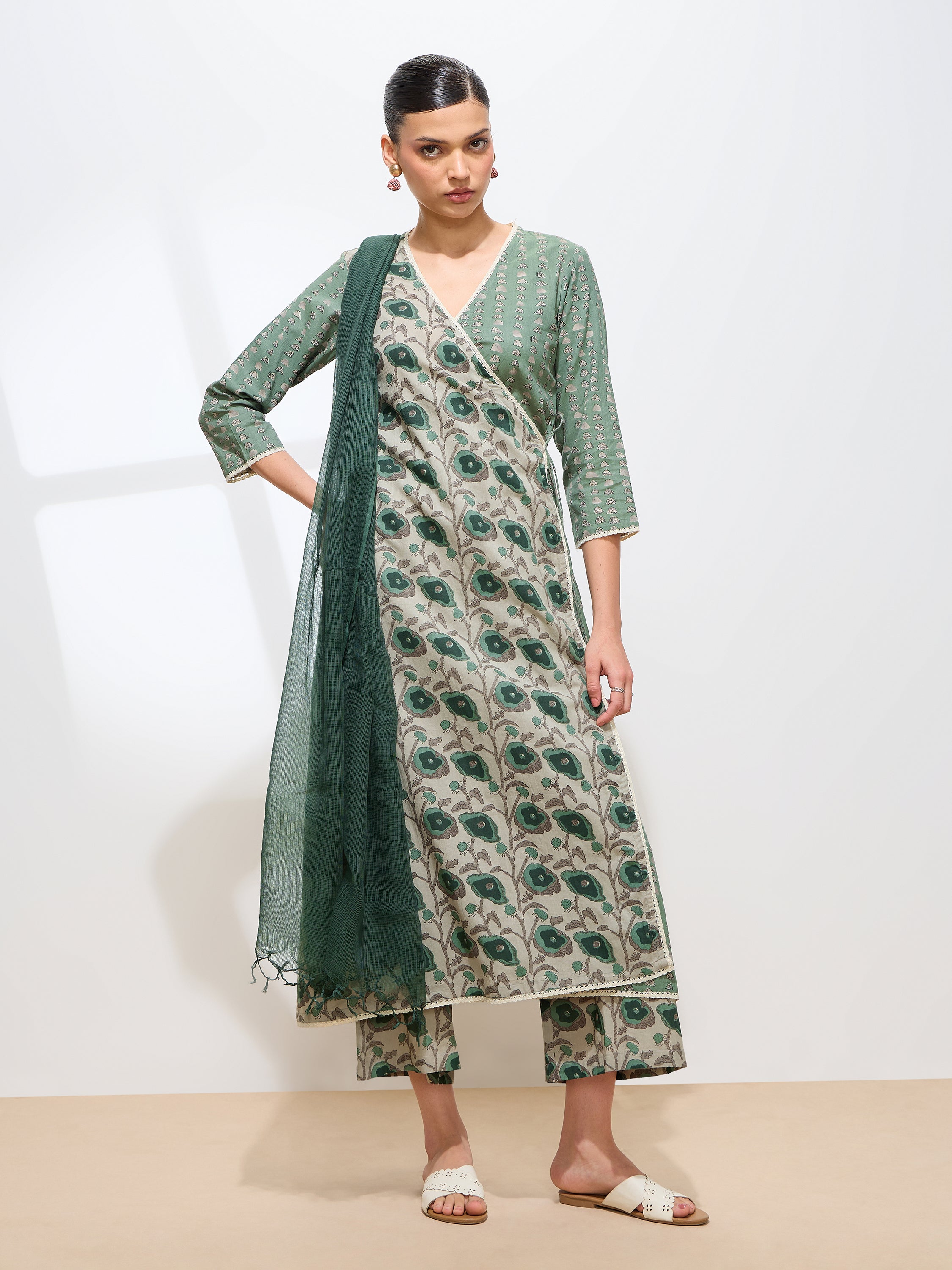 Graceful Green Floral Printed Cotton Kurta set