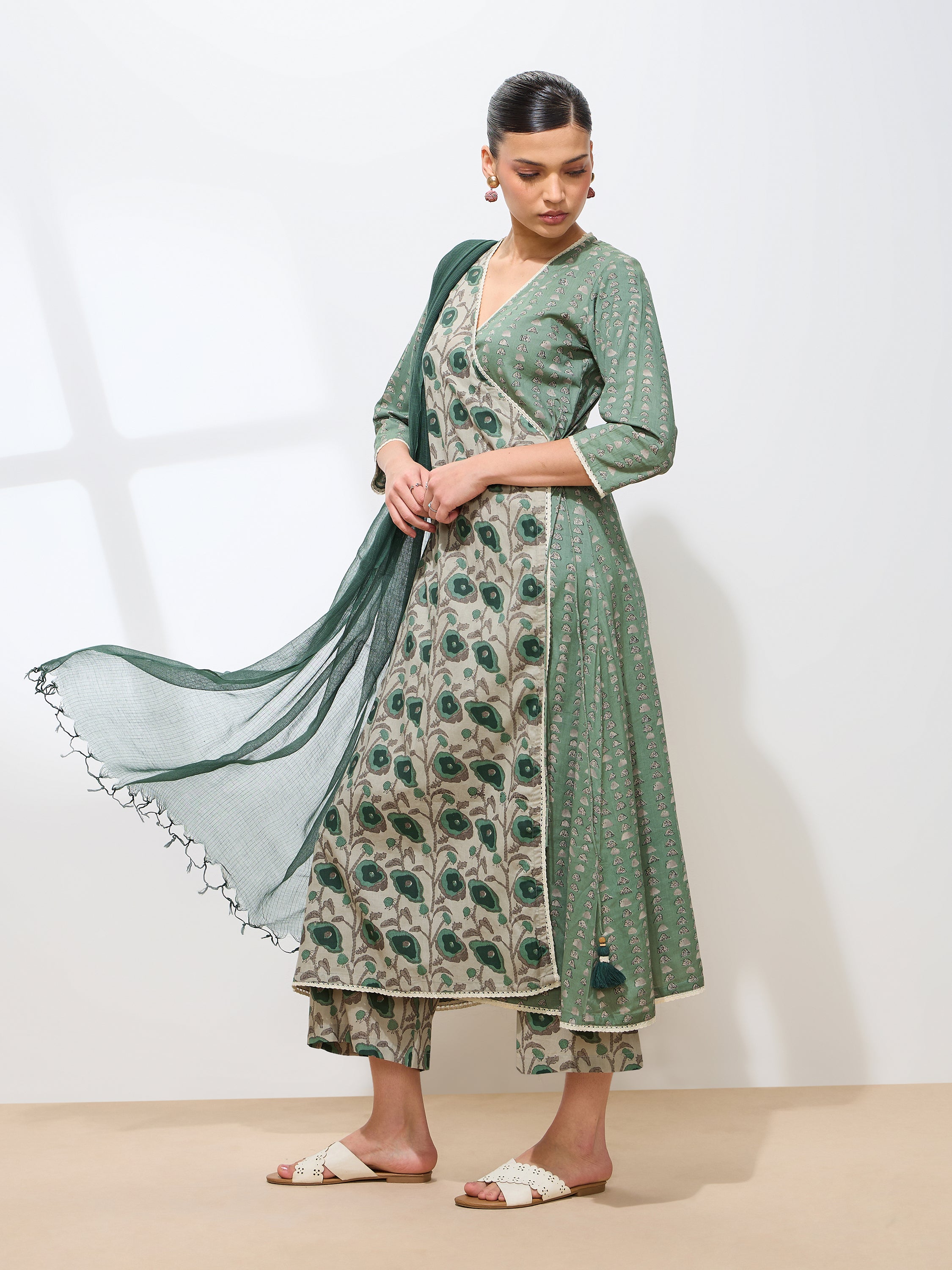 Graceful Green Floral Printed Cotton Kurta set