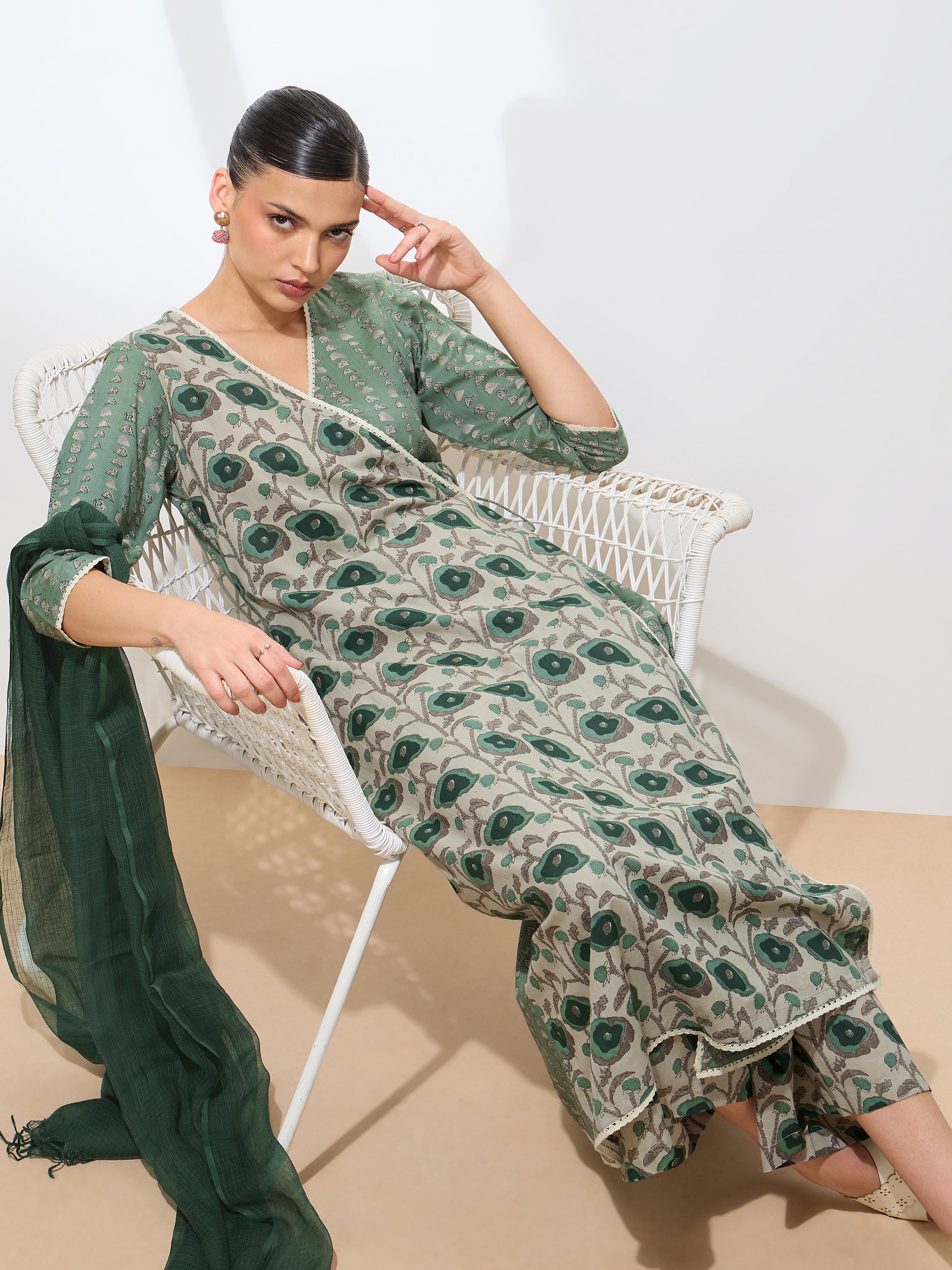 Graceful Green Floral Printed Cotton Kurta set