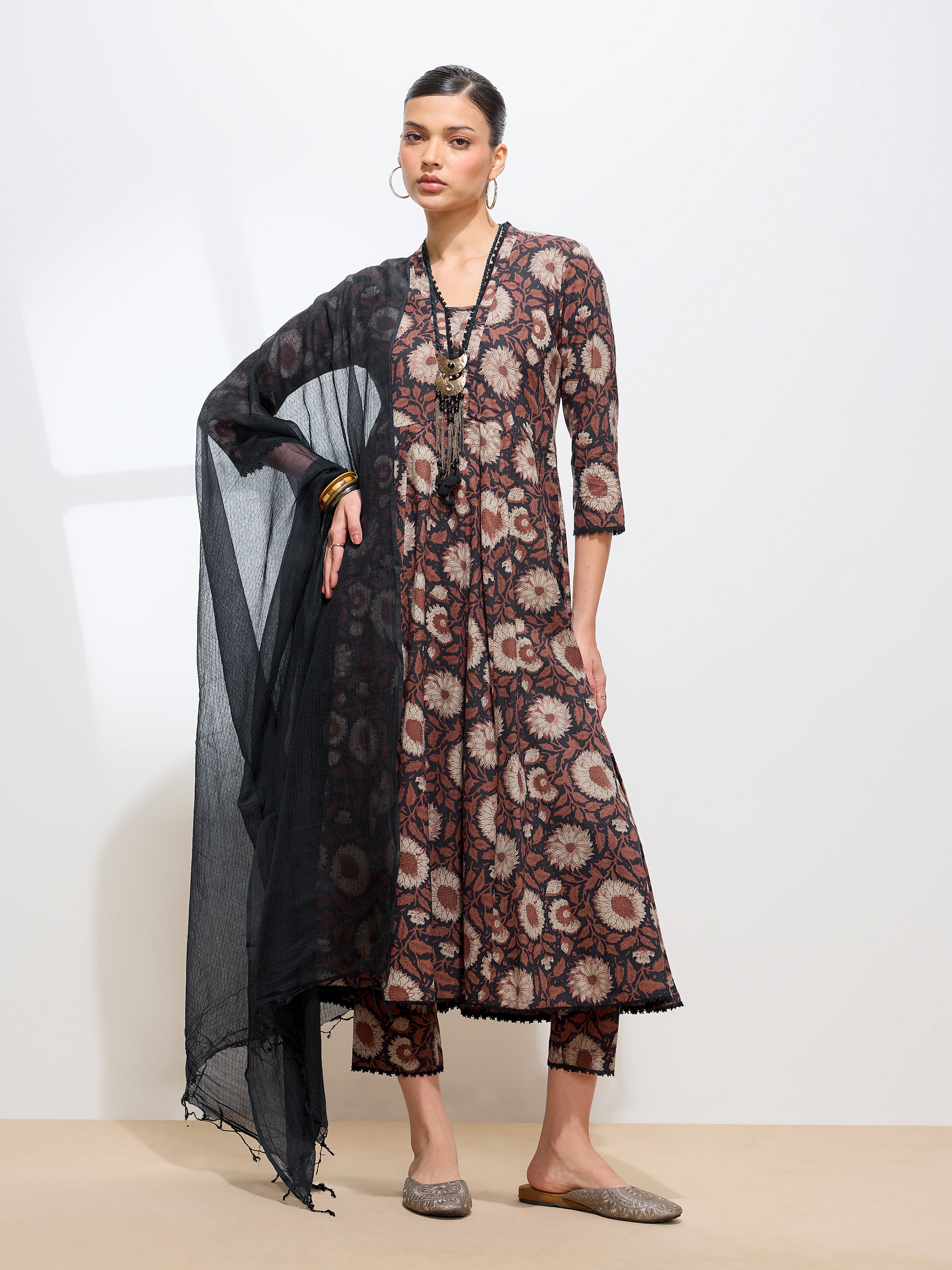 Graceful Black Floral Printed Cotton Kurta set