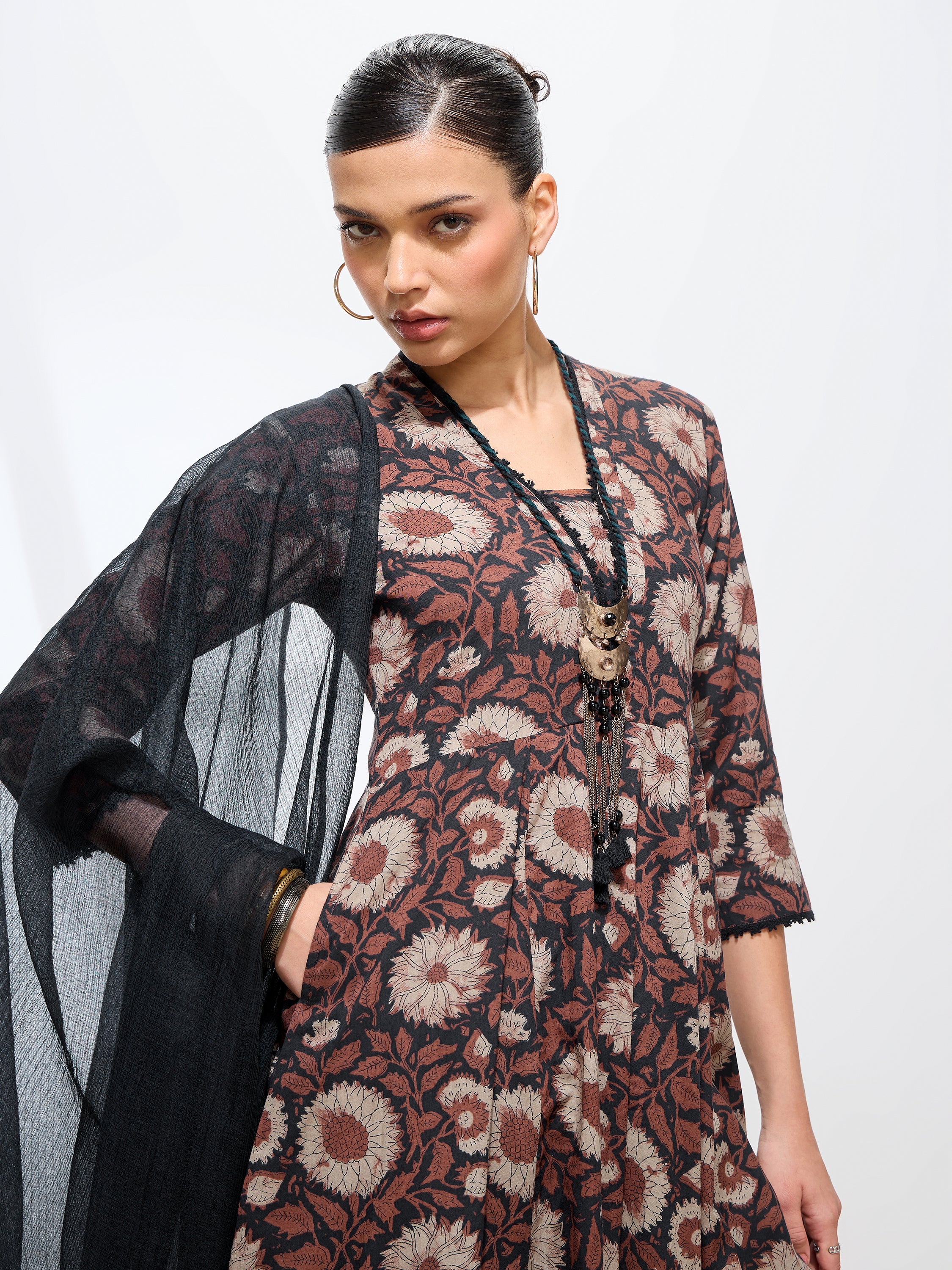 Graceful Black Floral Printed Cotton Kurta set