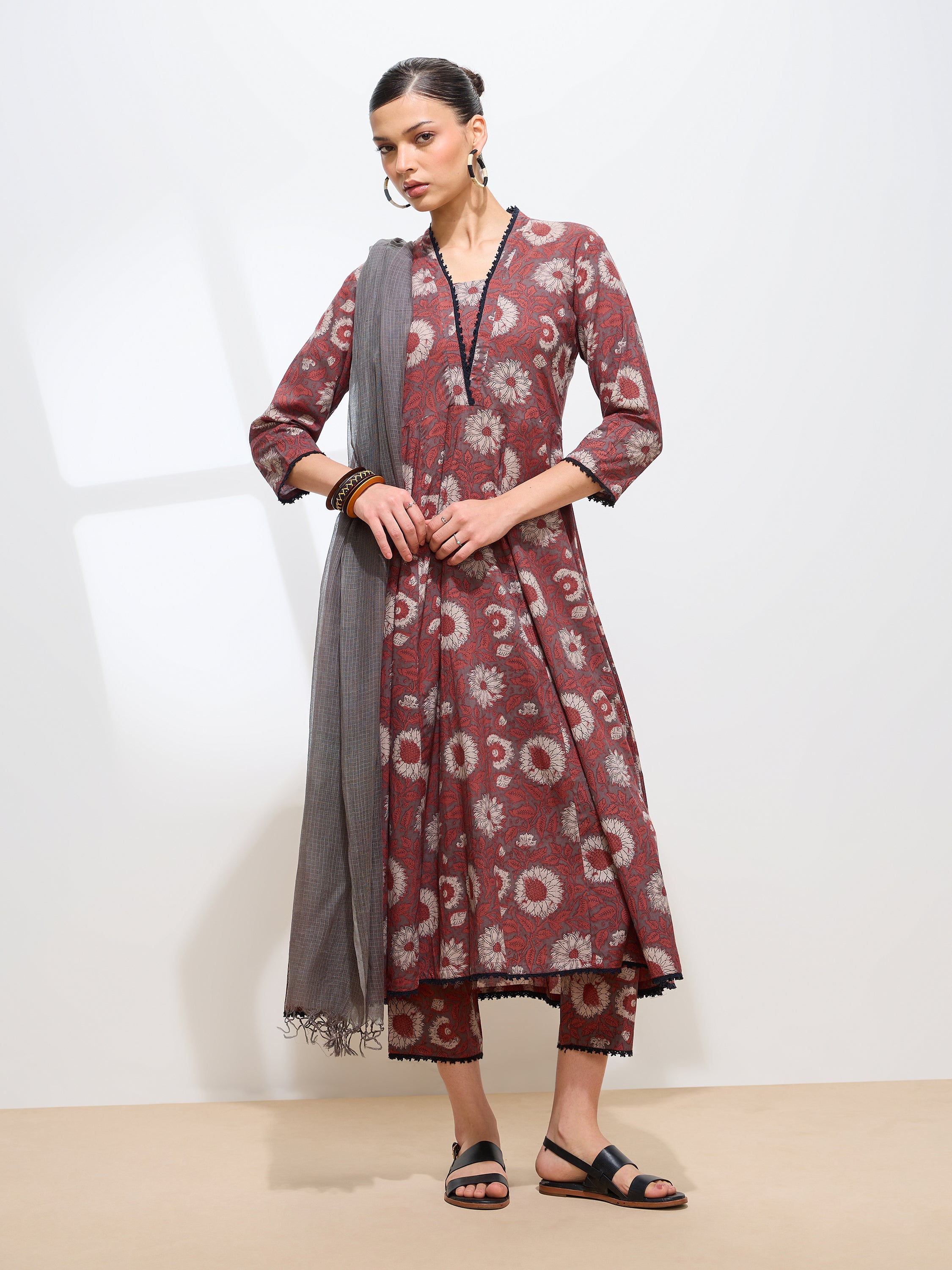 Graceful Brown Floral Printed Cotton Kurta set