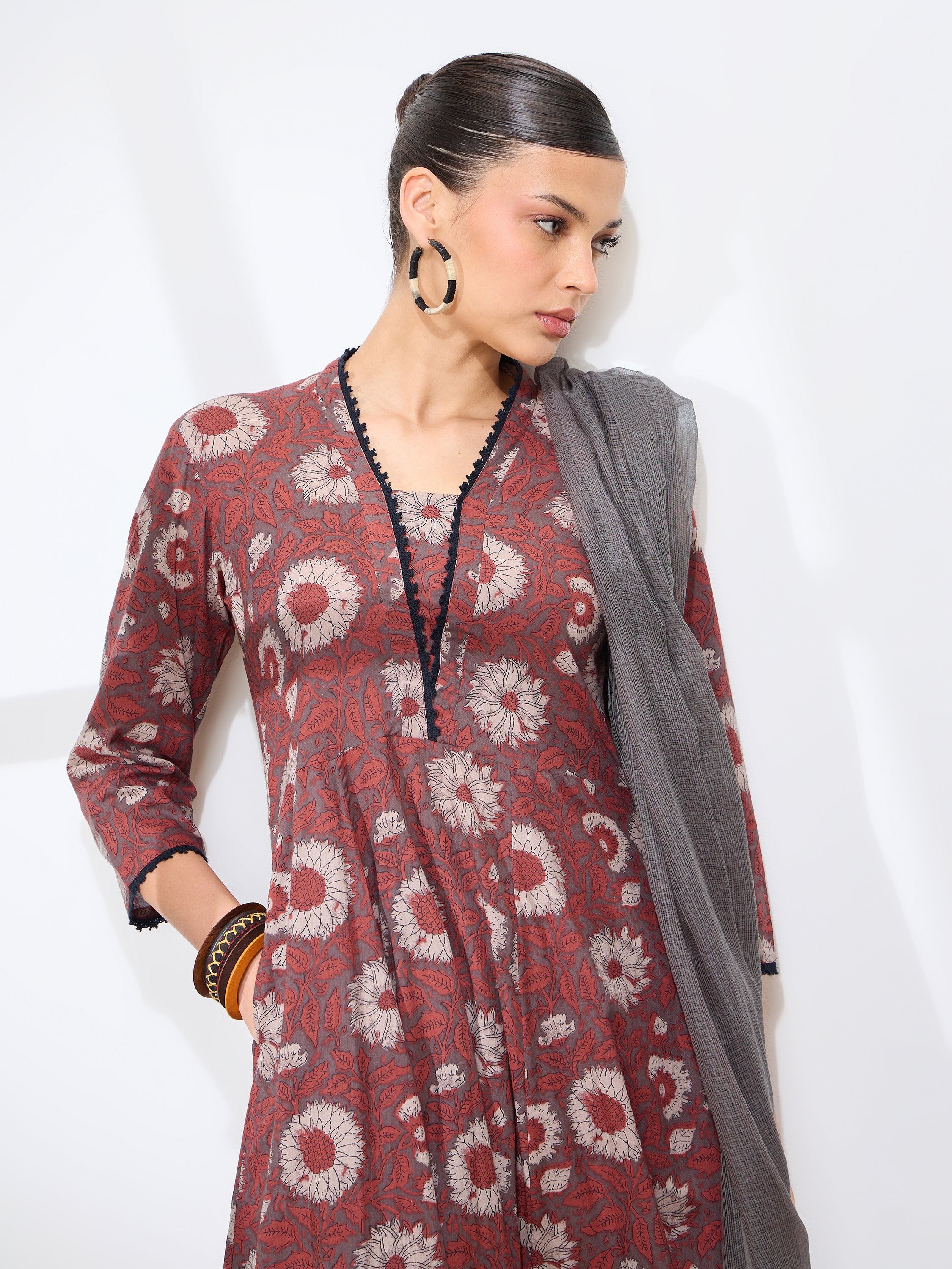 Graceful Brown Floral Printed Cotton Kurta set