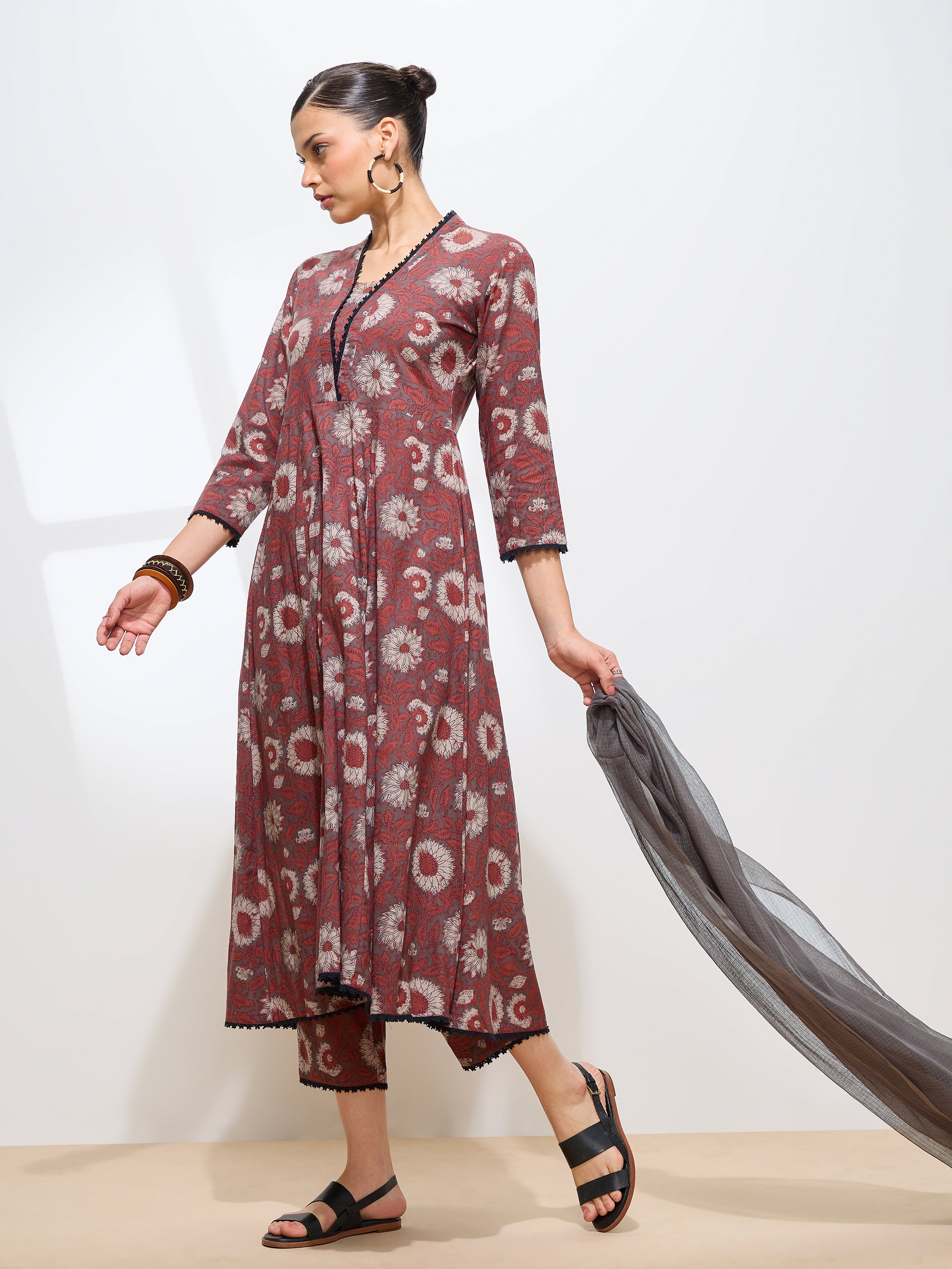 Graceful Brown Floral Printed Cotton Kurta set