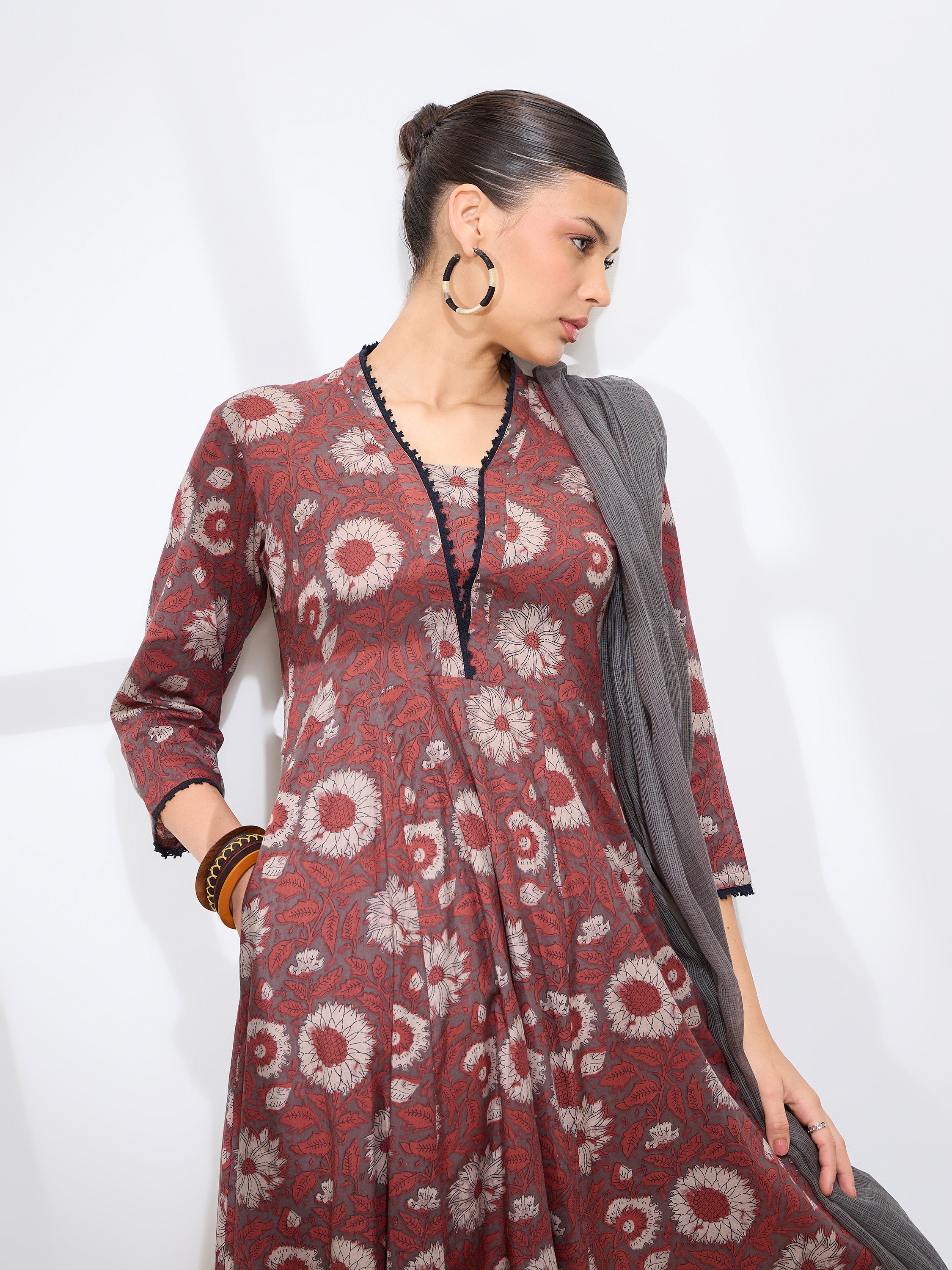 Graceful Brown Floral Printed Cotton Kurta set