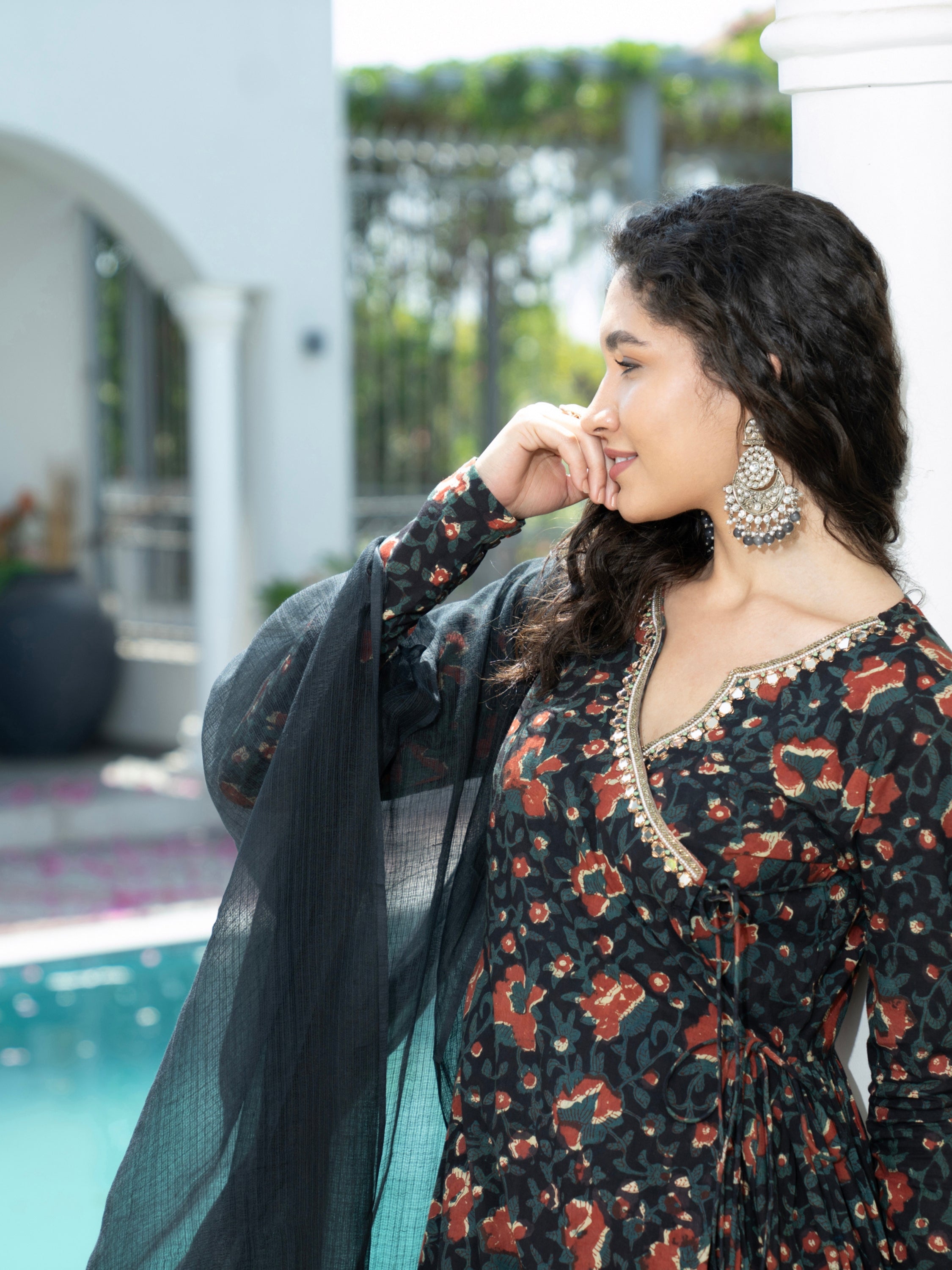 Black Floral Mirror Handwork Pure Cotton Kurta set