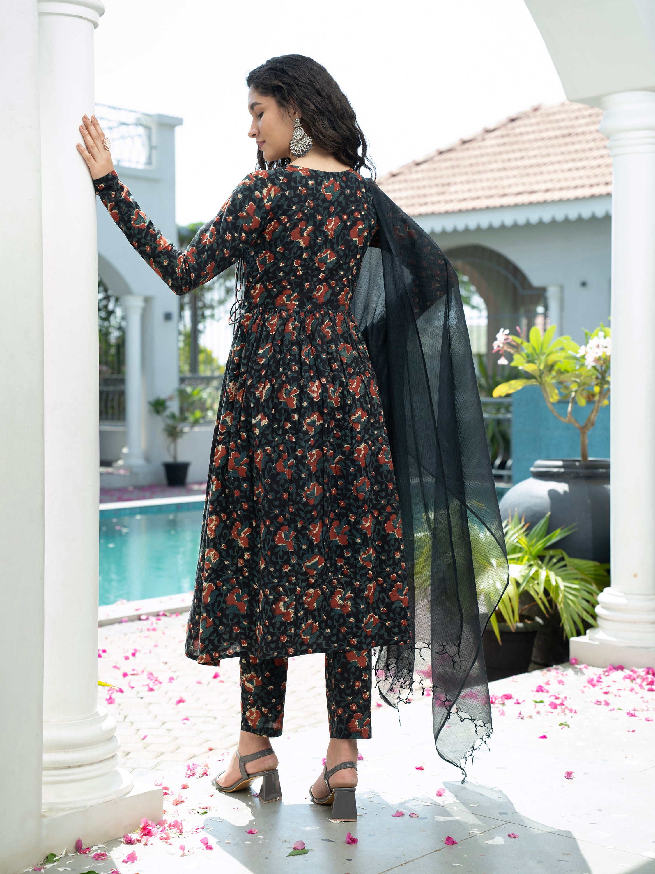 Black Floral Mirror Handwork Pure Cotton Kurta set