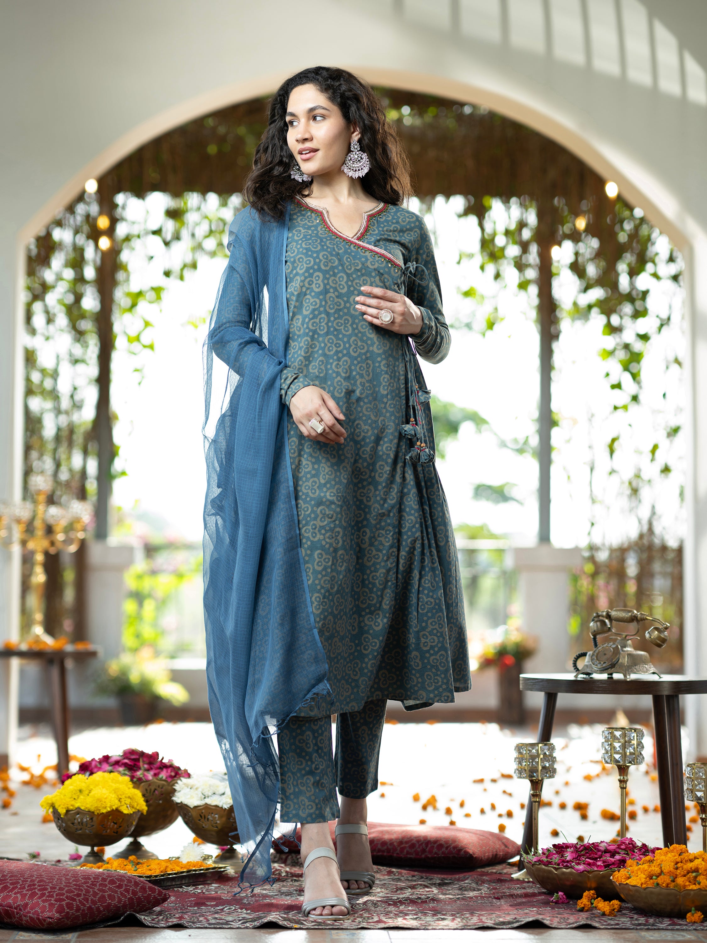 Blue Block Mirror Handwork Pure Cotton Kurta set