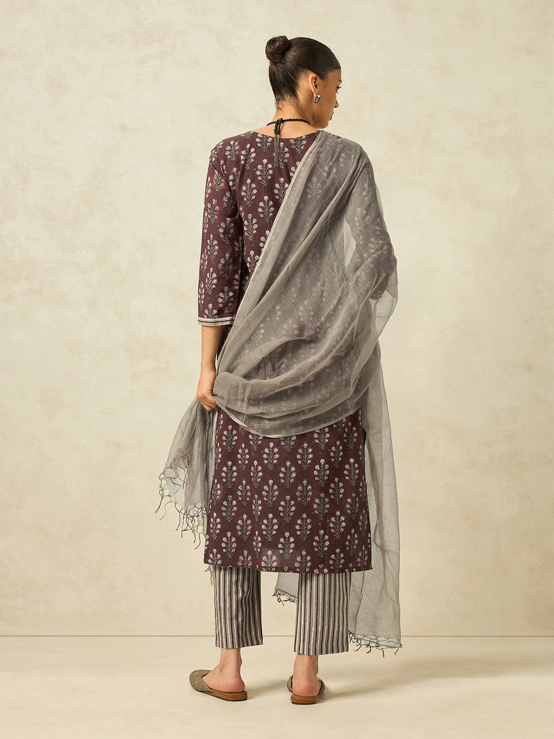 Women Brown Floral Printed Pure Cotton Kurta with Striped Pant and Pure Kota Checks Dupatta Set