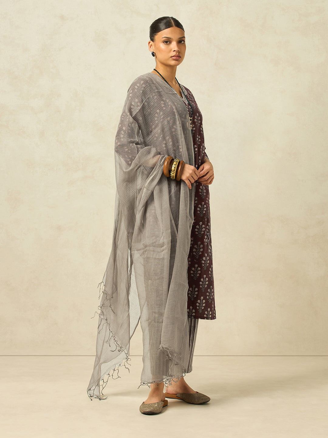 Women Brown Floral Printed Pure Cotton Kurta with Striped Pant and Pure Kota Checks Dupatta Set