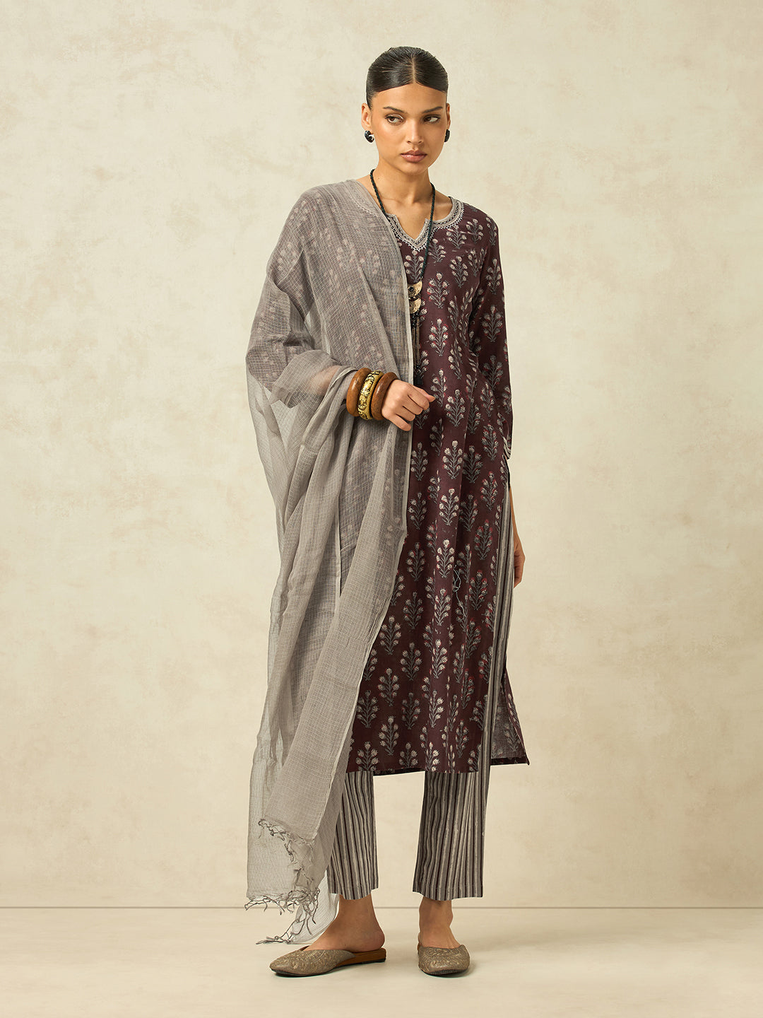 Women Brown Floral Printed Pure Cotton Kurta with Striped Pant and Pure Kota Checks Dupatta Set