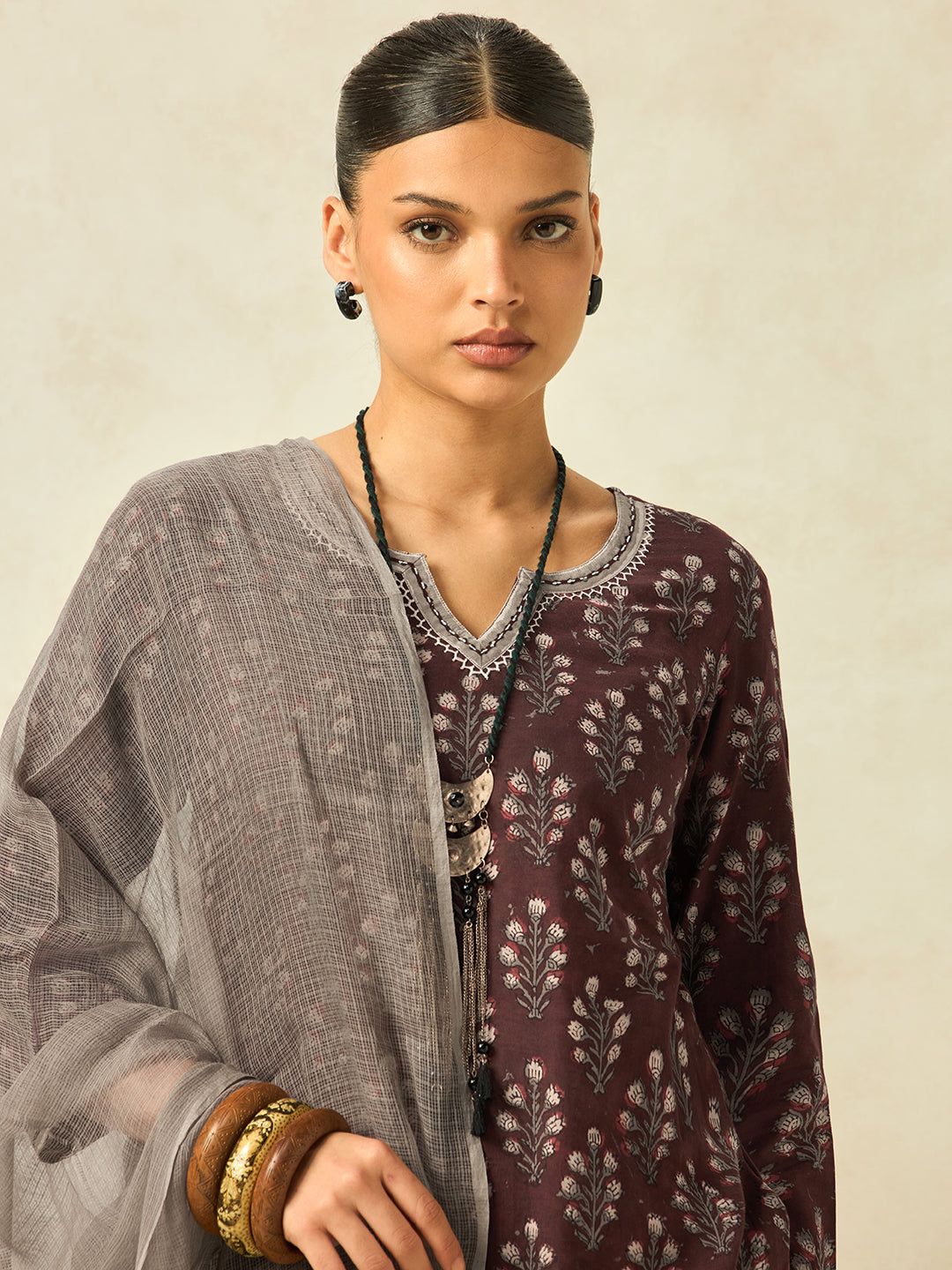 Women Brown Floral Printed Pure Cotton Kurta with Striped Pant and Pure Kota Checks Dupatta Set