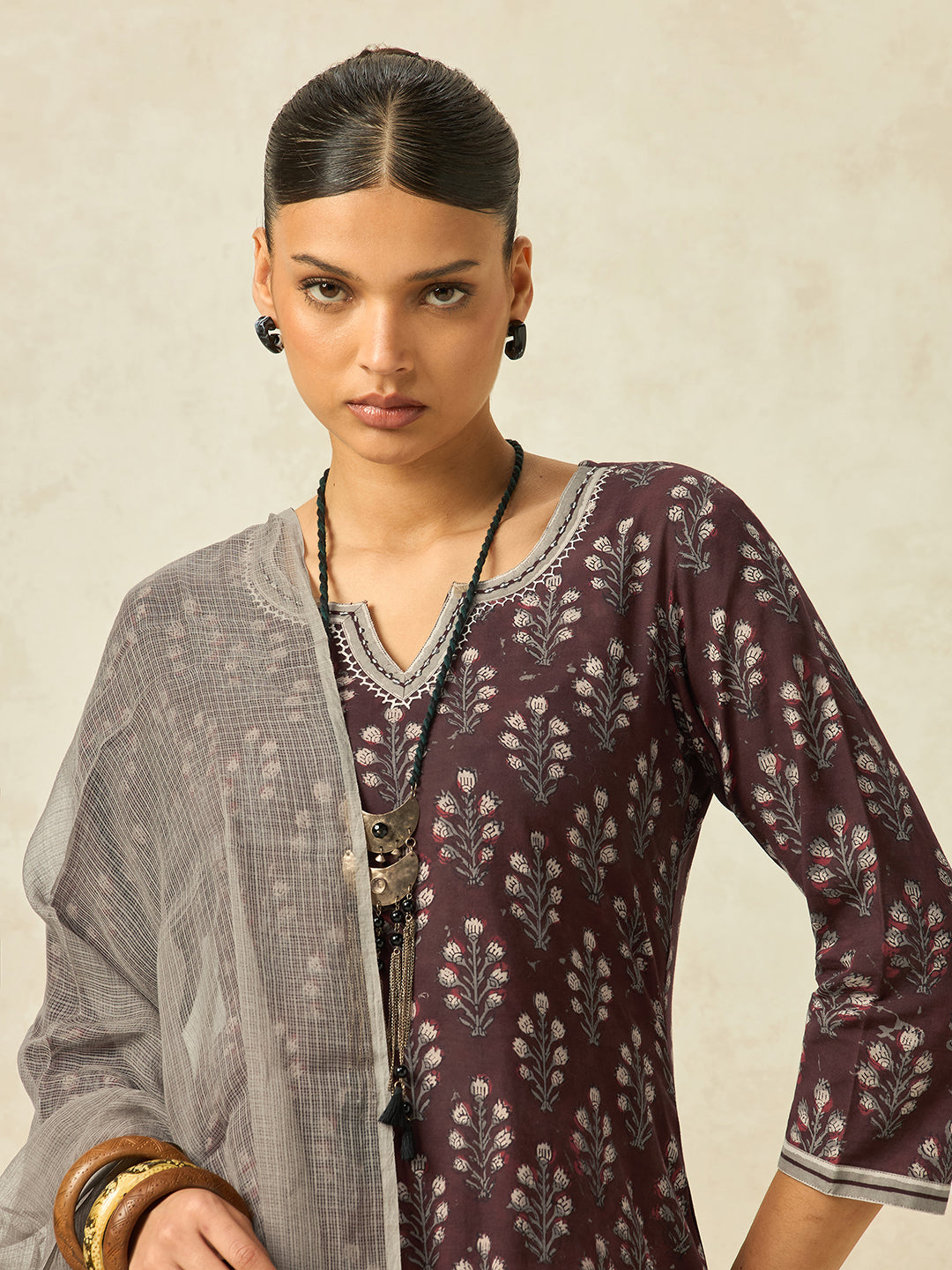 Women Brown Floral Printed Pure Cotton Kurta with Striped Pant and Pure Kota Checks Dupatta Set
