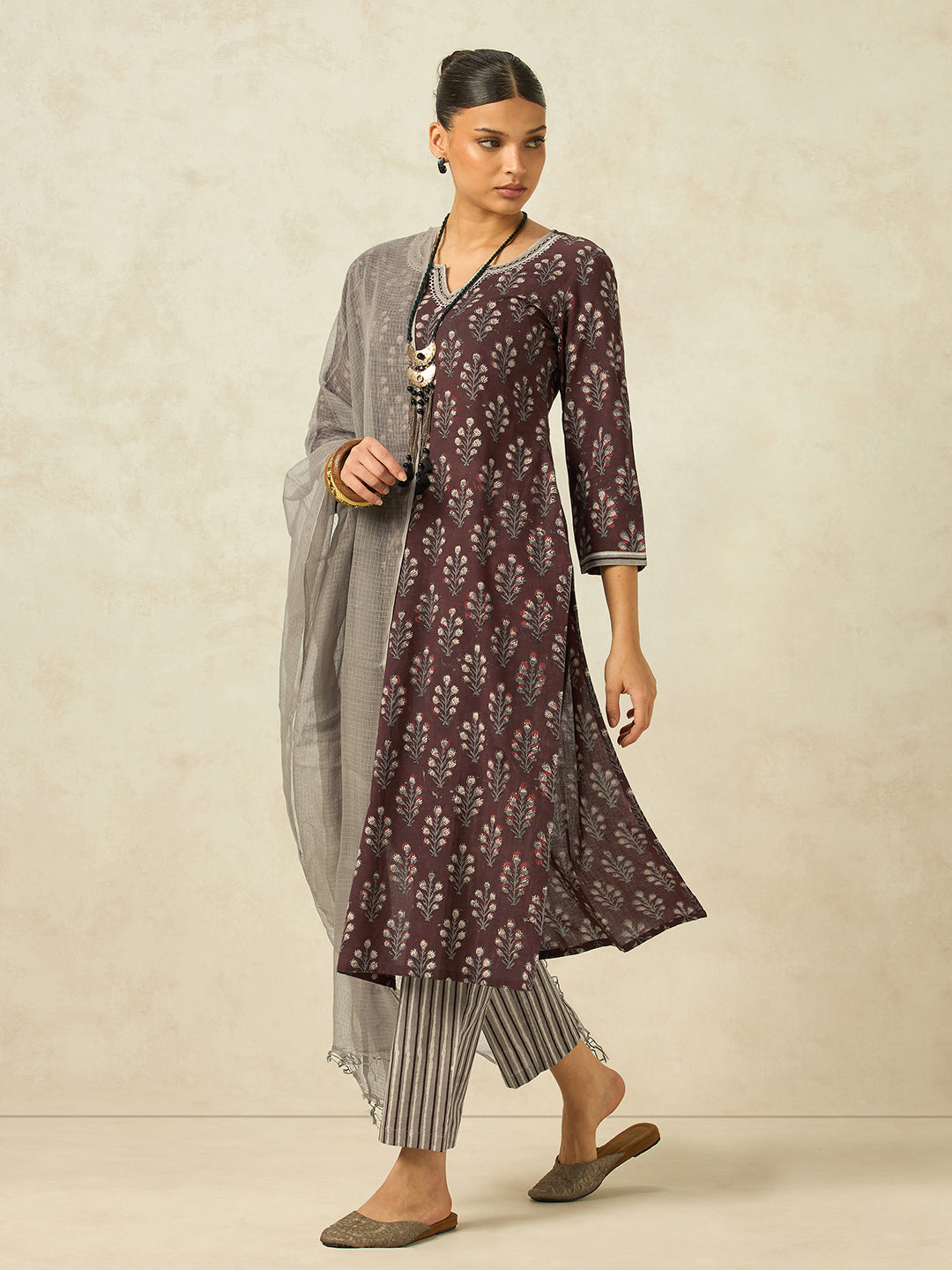 Women Brown Floral Printed Pure Cotton Kurta with Striped Pant and Pure Kota Checks Dupatta Set