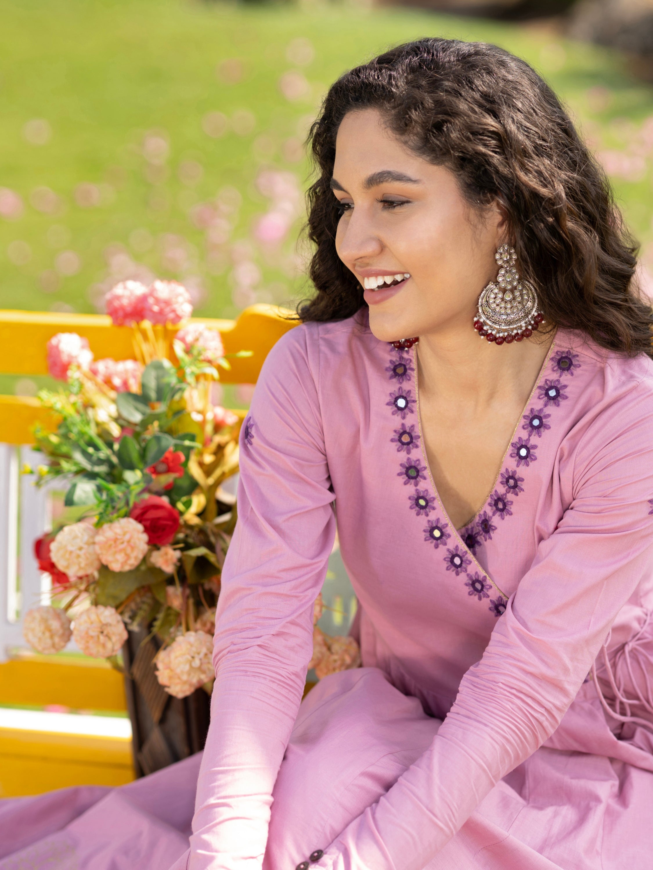 Lavender Blockprint Handwork Pure Mul Cotton Kurta set