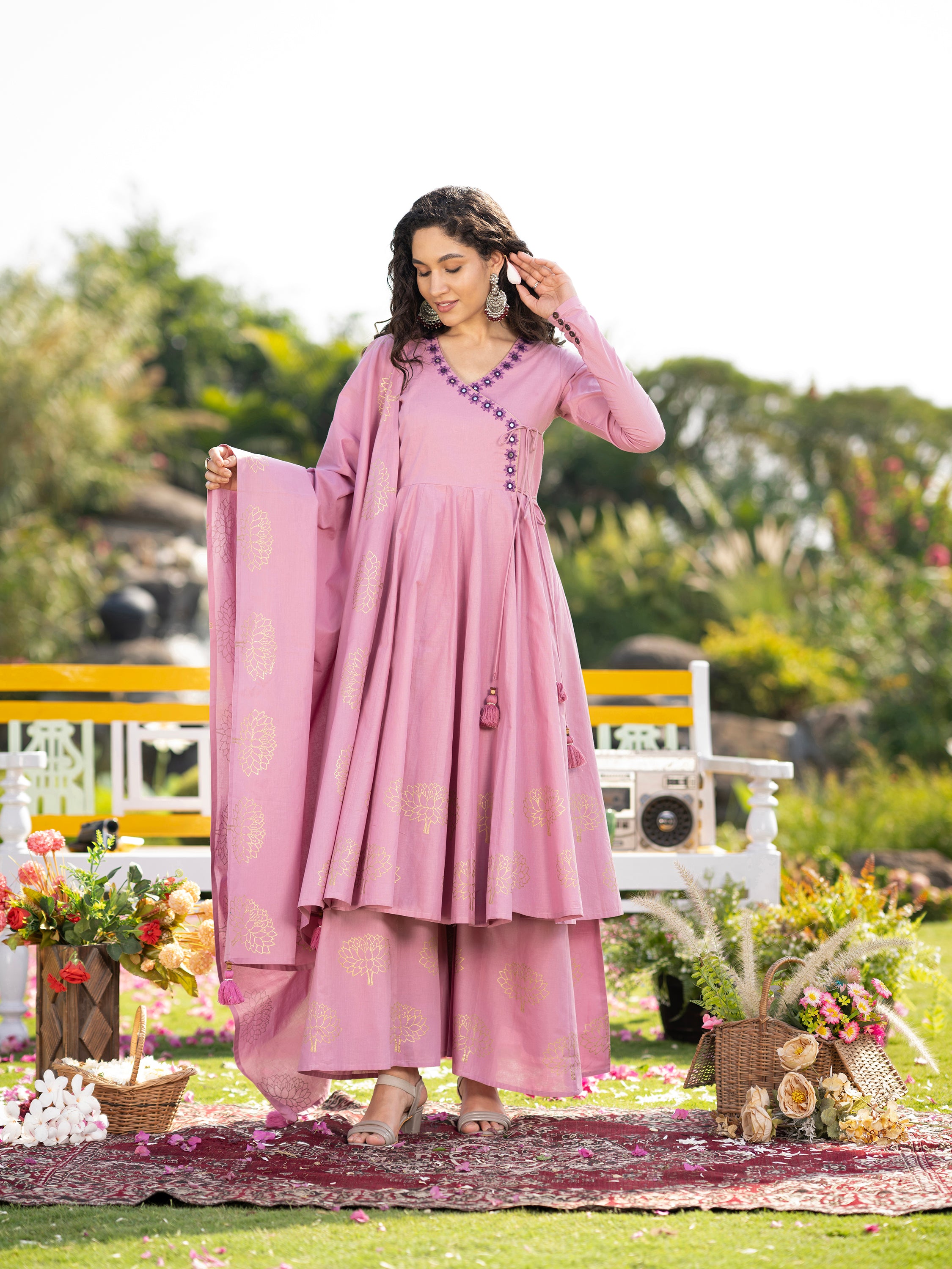 Lavender Blockprint Handwork Pure Mul Cotton Kurta set