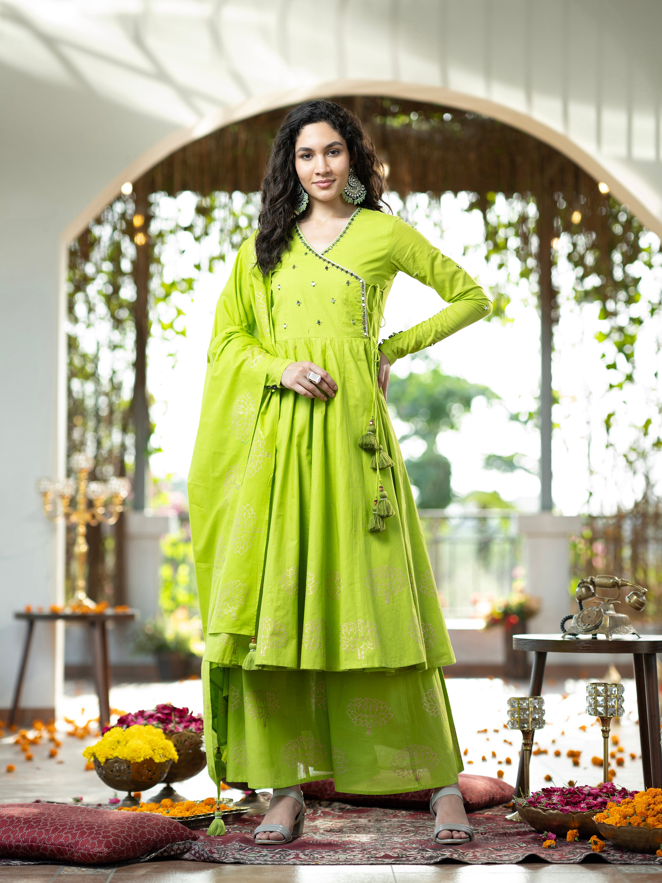 Parrot green Blockprint Handwork Pure Mul Cotton Kurta set