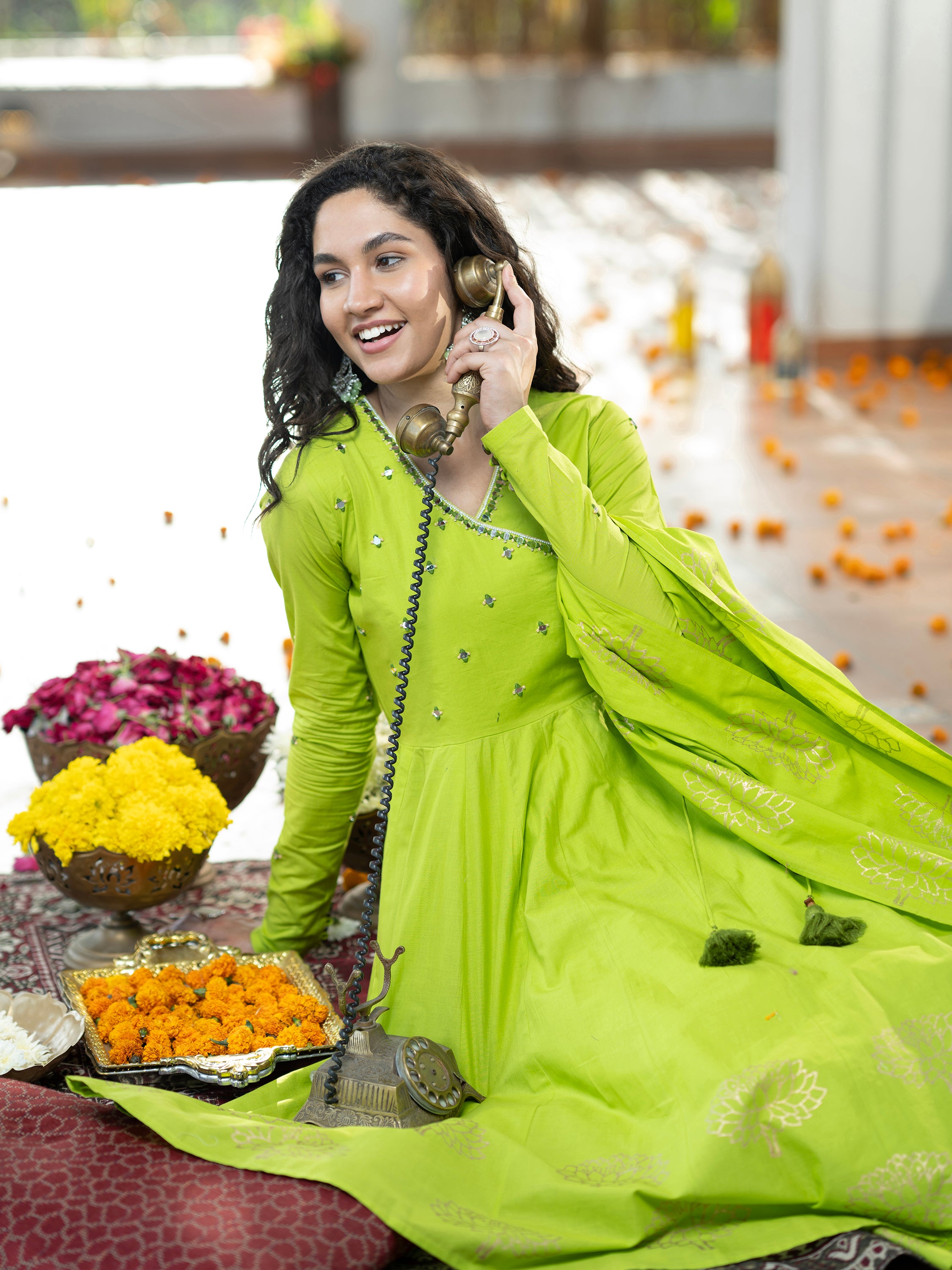 Parrot green Blockprint Handwork Pure Mul Cotton Kurta set
