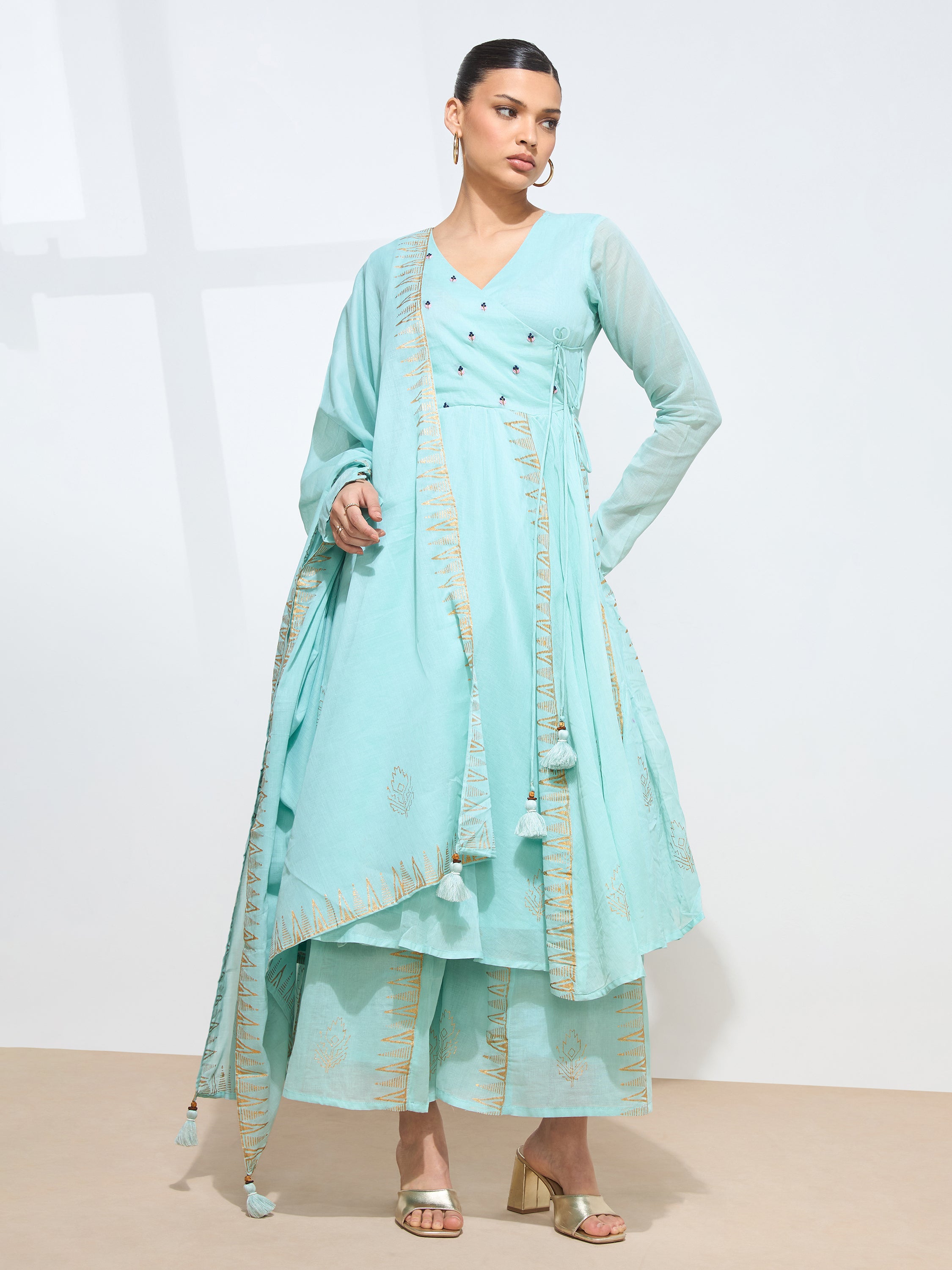 Graceful Green Blockprint Handwork Mul cotton Kurta set